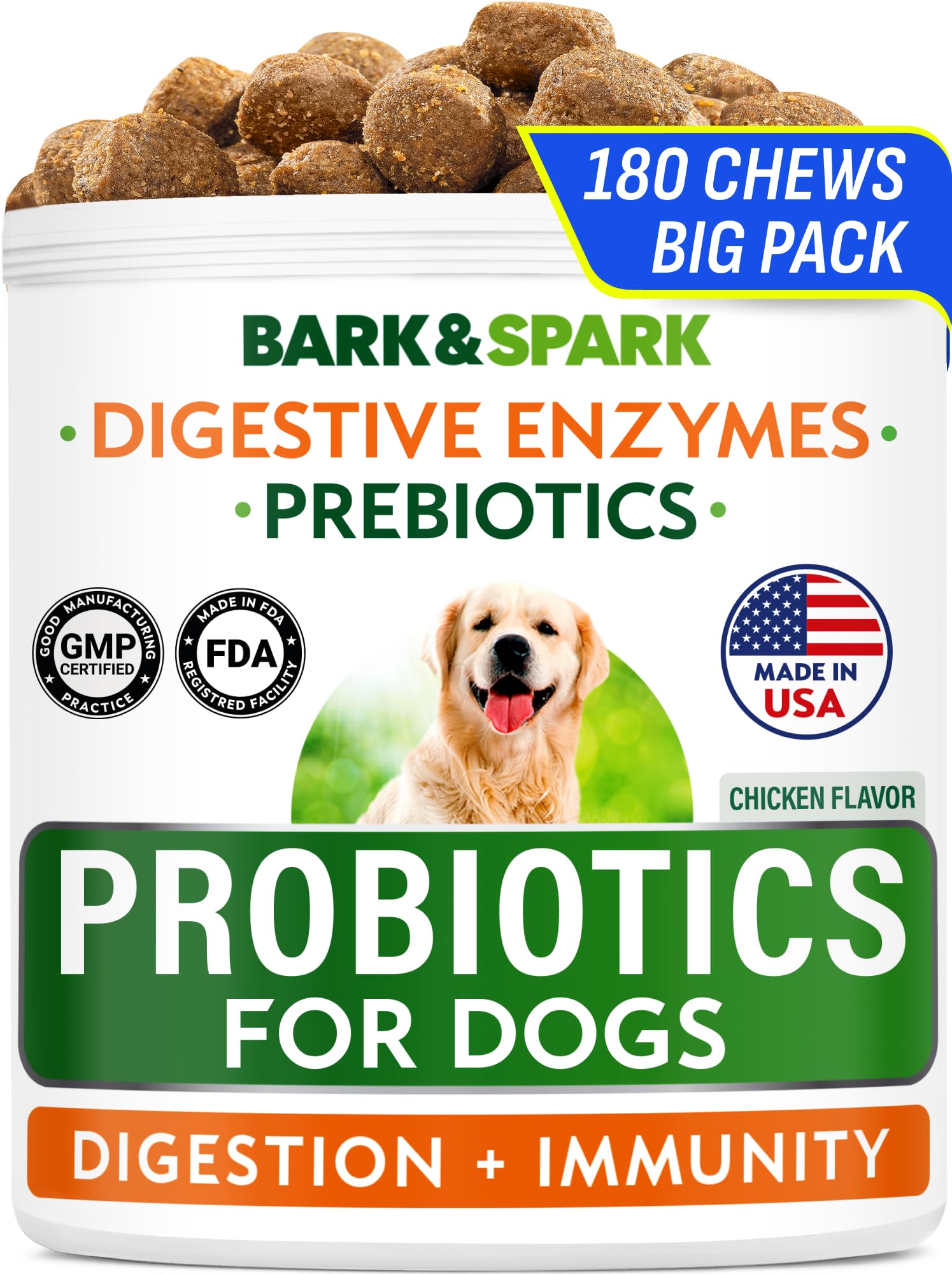 BARK&SPARK Dog Probiotics & Digestive Enzymes (Gut Health) Allergy & Itchy Skin - Pet Diarrhea Gas Treatment Upset Stomach Relief, Digestion Health Prebiotic Supplement Tummy Treat (180Ct Chicken)