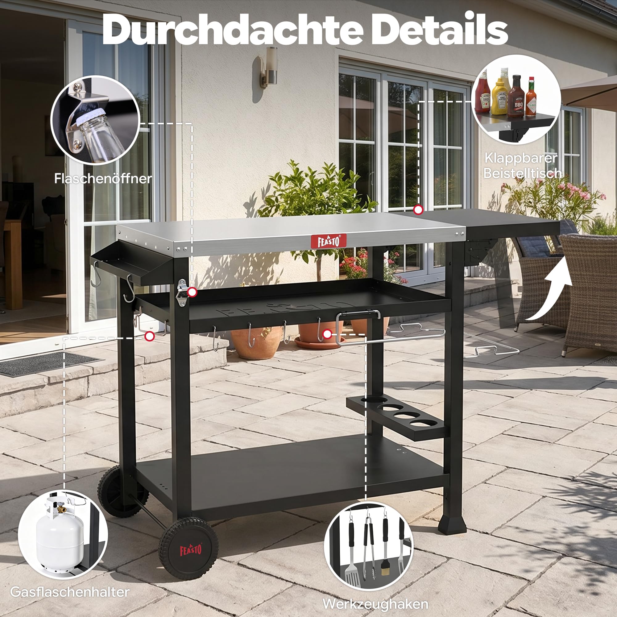 Feasto Grillwagen Outdoor wetterfest Grilltisch Pizzatisch Outdoor-Küche | 125x64x84cm grill beistelltisch outdoor mit klappbarem Beistelltisch, Outdoor Servierwagen für Küche, Terrasse, Buffet