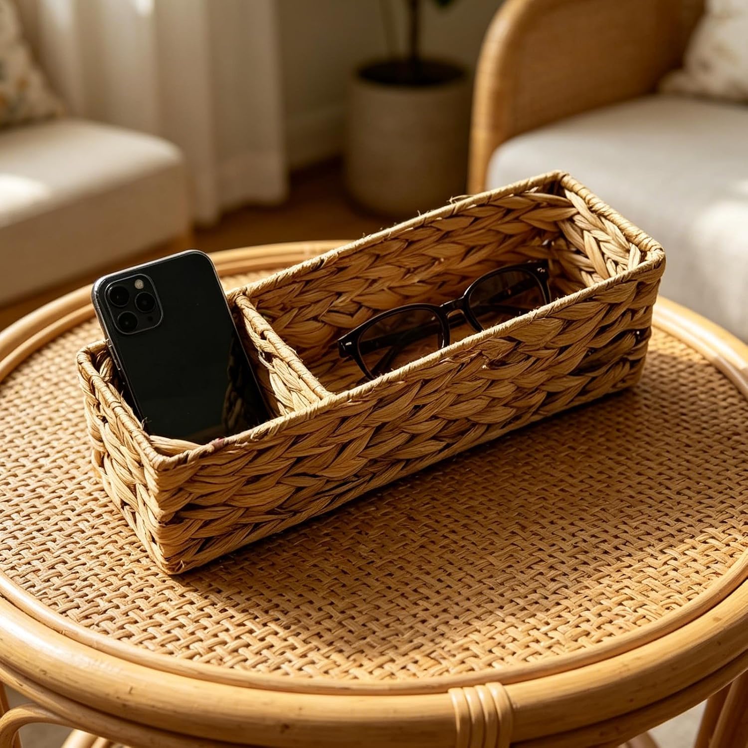 Natural Fiber Weaving Basket with 2 Compartments Snacks Holder Household Storage for Home Organization Home Accessory