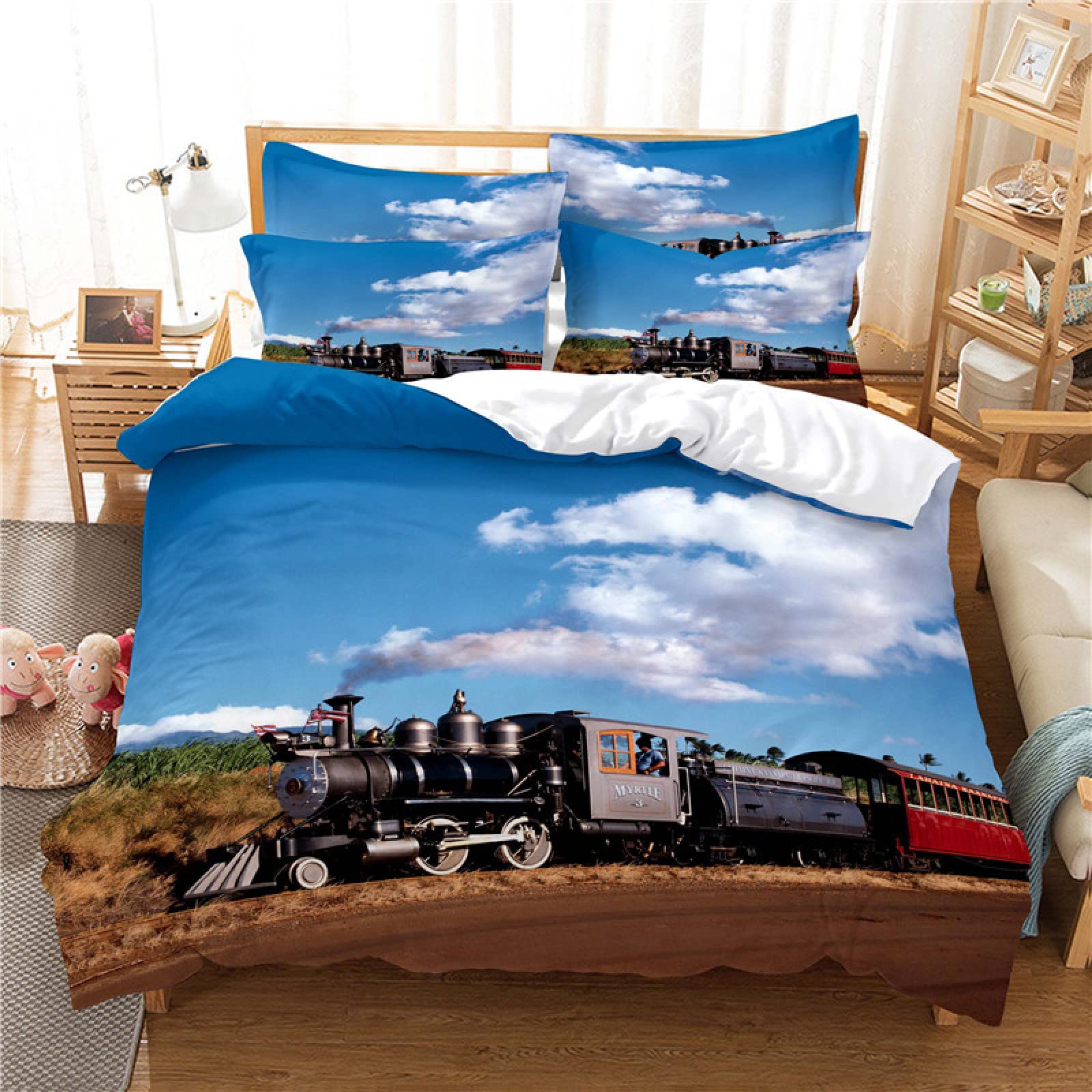 Housse de couette 90x190 train bleu pour transformer la chambre d'enfant en gare imaginaire