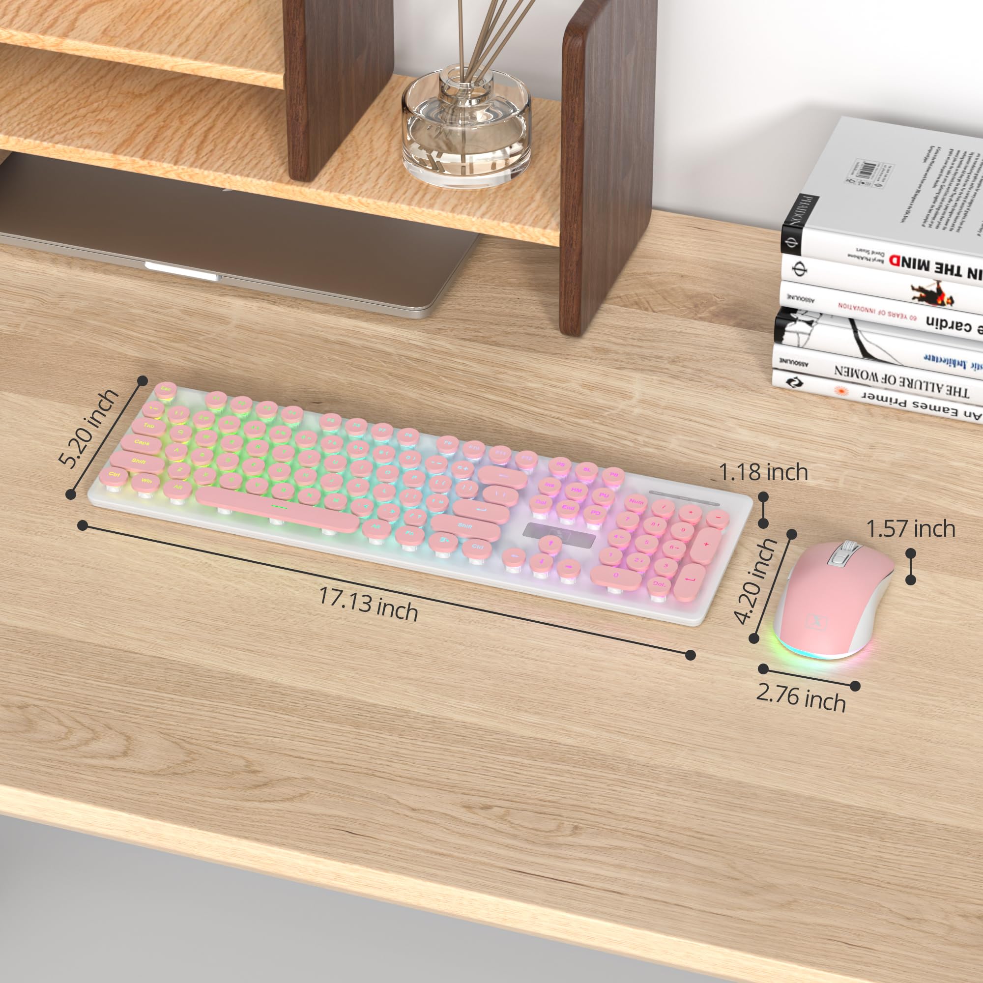 SOLIDEE Ensemble Clavier et Souris sans Fil Rétroéclairés, Clavier Type Machine à Écrire Lumineux Rechargeable 2.4GHz, Touches Rondes Rétro Silencieuses sans Fil avec Récepteur USB(Pink)