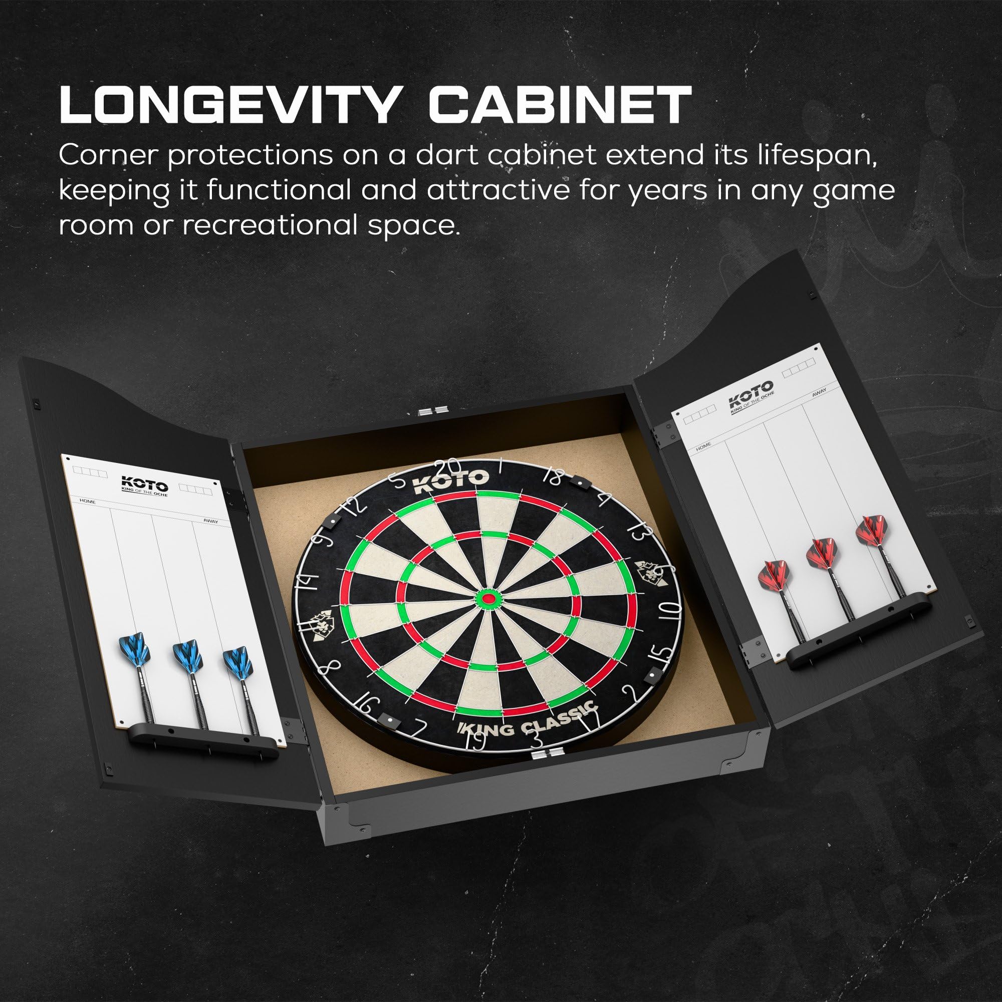 KOTO – Set Armadio per Freccette Nero, Completo di Dartboard, 2 Set di Freccette e Linea Oche, Mobile in Legno di Lusso