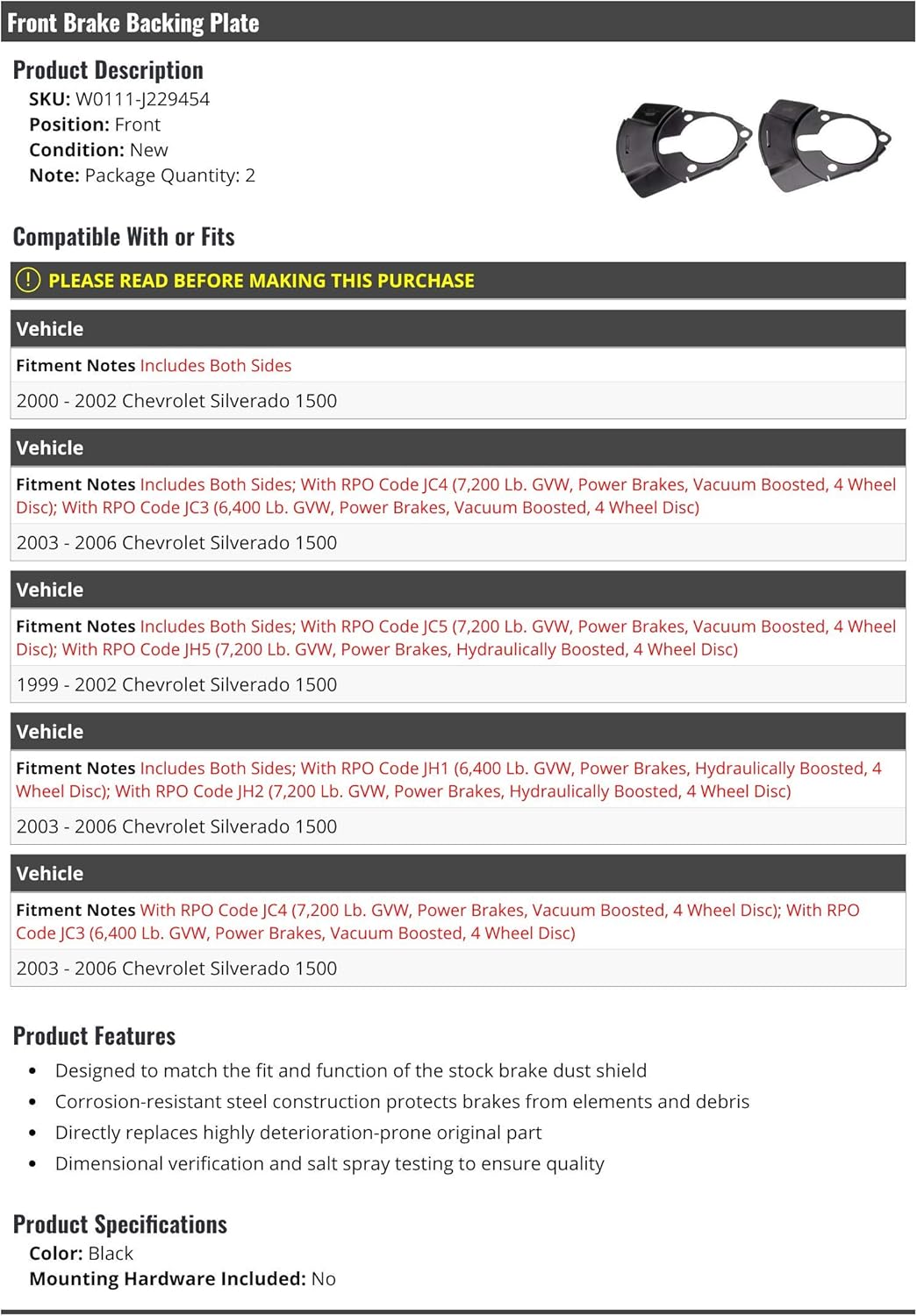 Marketplace Auto Parts Front Brake Backing Plate - 2 Piece - Black - Compatible with 1999-2006 Chevy Silverado 1500