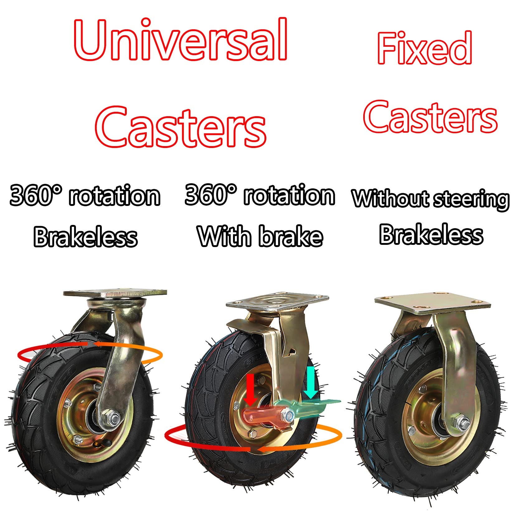 2 Stück 200 Mm 250mm Bockrolle Gummi, Doppelte Lager Lenkrolle Mit Bremse, Schwerlastrollen Luftreifen Für Trolleys Möbel, Tragfähigkeit:150KG / 200KG, Mit Schrauben