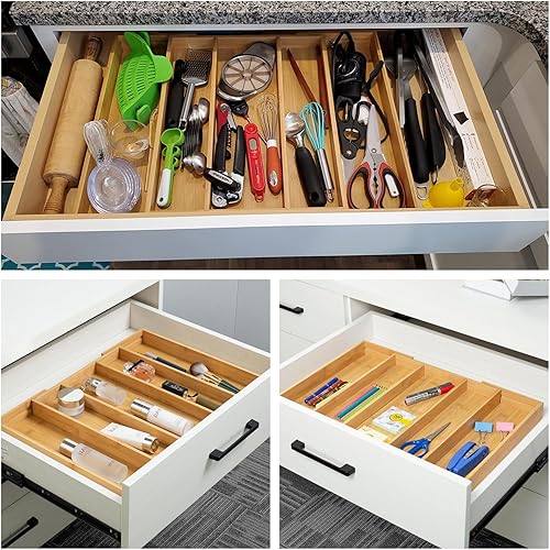 Miniatura 9 de Organizador de cajones de cocina expandible de bambú, 13 a 23 pulgadas, bandeja ajustable para utensilios y cubiertos, organizador de cajones de