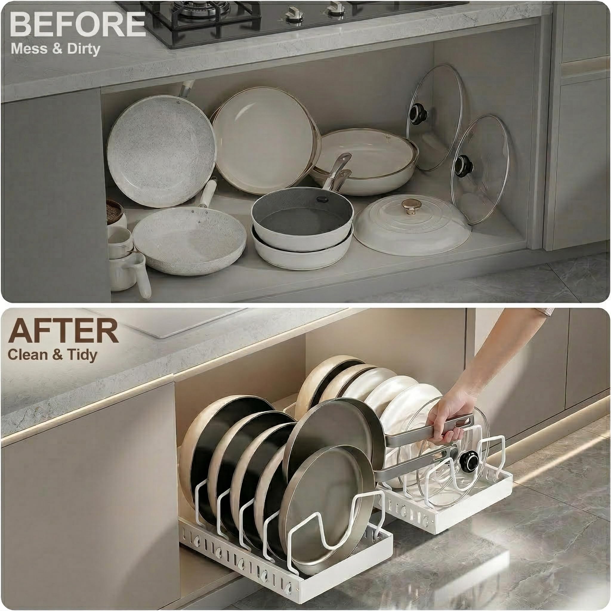 1 pezzi Porta Coperchi Pentole Scorrevole, porta coperchi pentole salvaspazio, Organizer Padelle con 8 Scomparti Regolabili per Padelle, Coperchi Organizer Cucina, Bianco