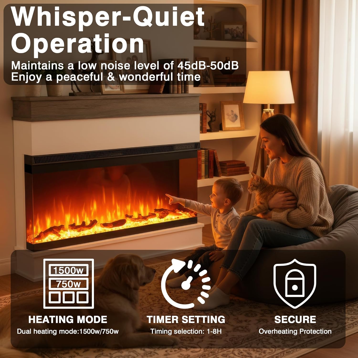 52" Electric Fireplace with Mantel, Fireplace TV Stand with 50" 3-Side Glass Electric Fireplace Heater, Low Noise, Remote Control, Touch Screen, Timer, Adjustable Flame Color & Brightness