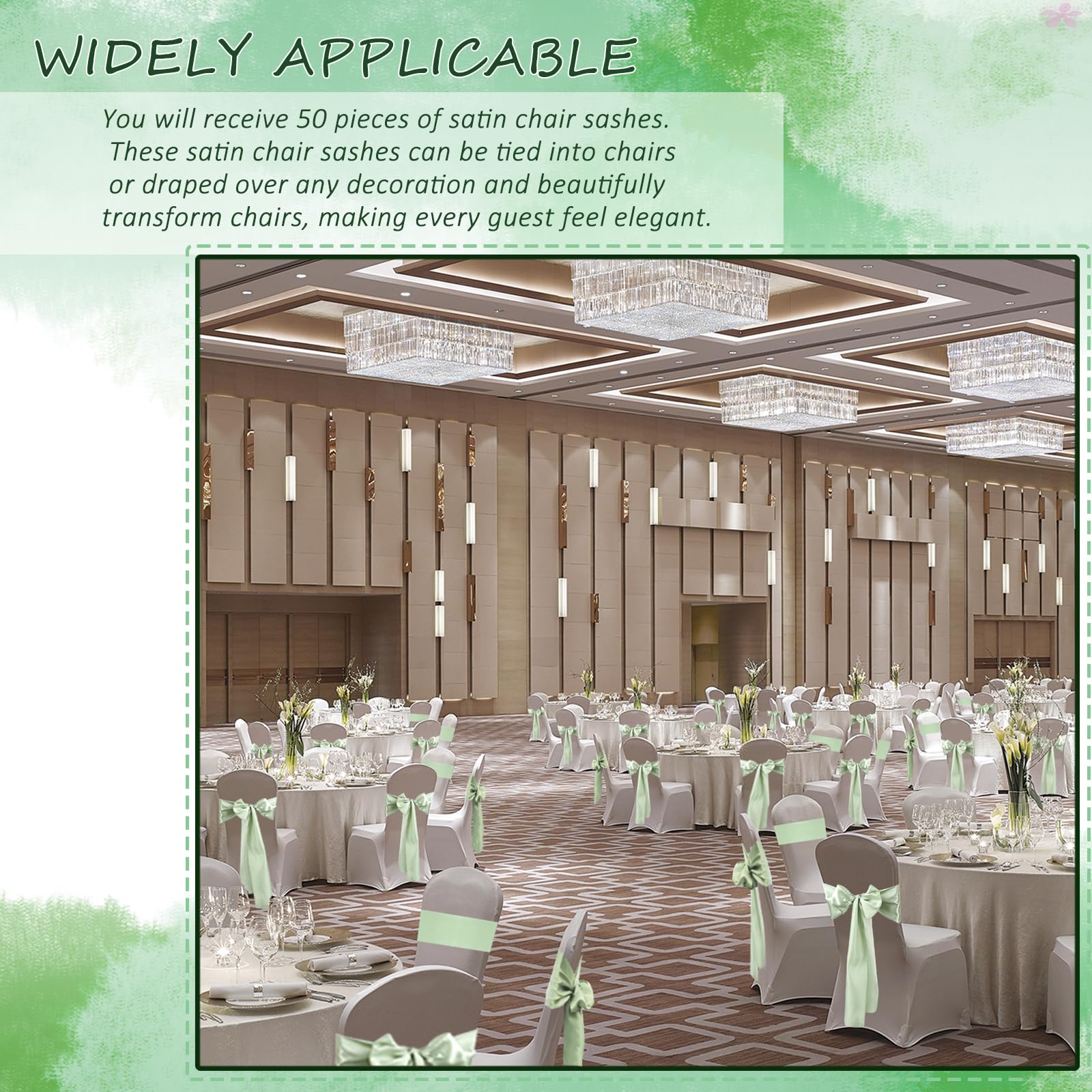 50 Pezzi Satin con Sedie Decorate con Fiocco Design, Decorazione per Sedia in Raso, Fasce in Raso per Sedie, Decorazione per Sedia per Matrimoni, Banchetti, Ricevimenti (Verde Salvia)