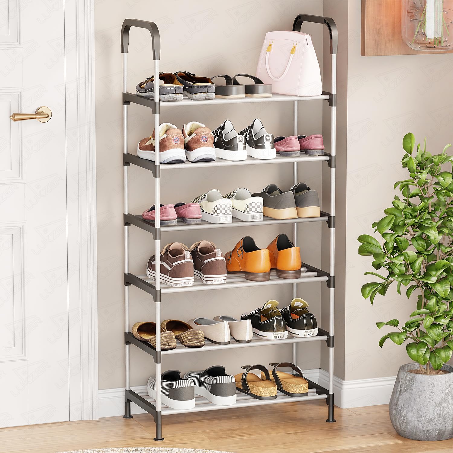 Lukzer MSR-006 6-Tier Shoe Storage Rack | Durable Metal & Plastic Free-Standing Shoe Organizer | Space-Saving Shoe Shelf for Entryway, Closet, Hallway & Bedroom | (Silver & Black/119x56x28 cm)-image-47