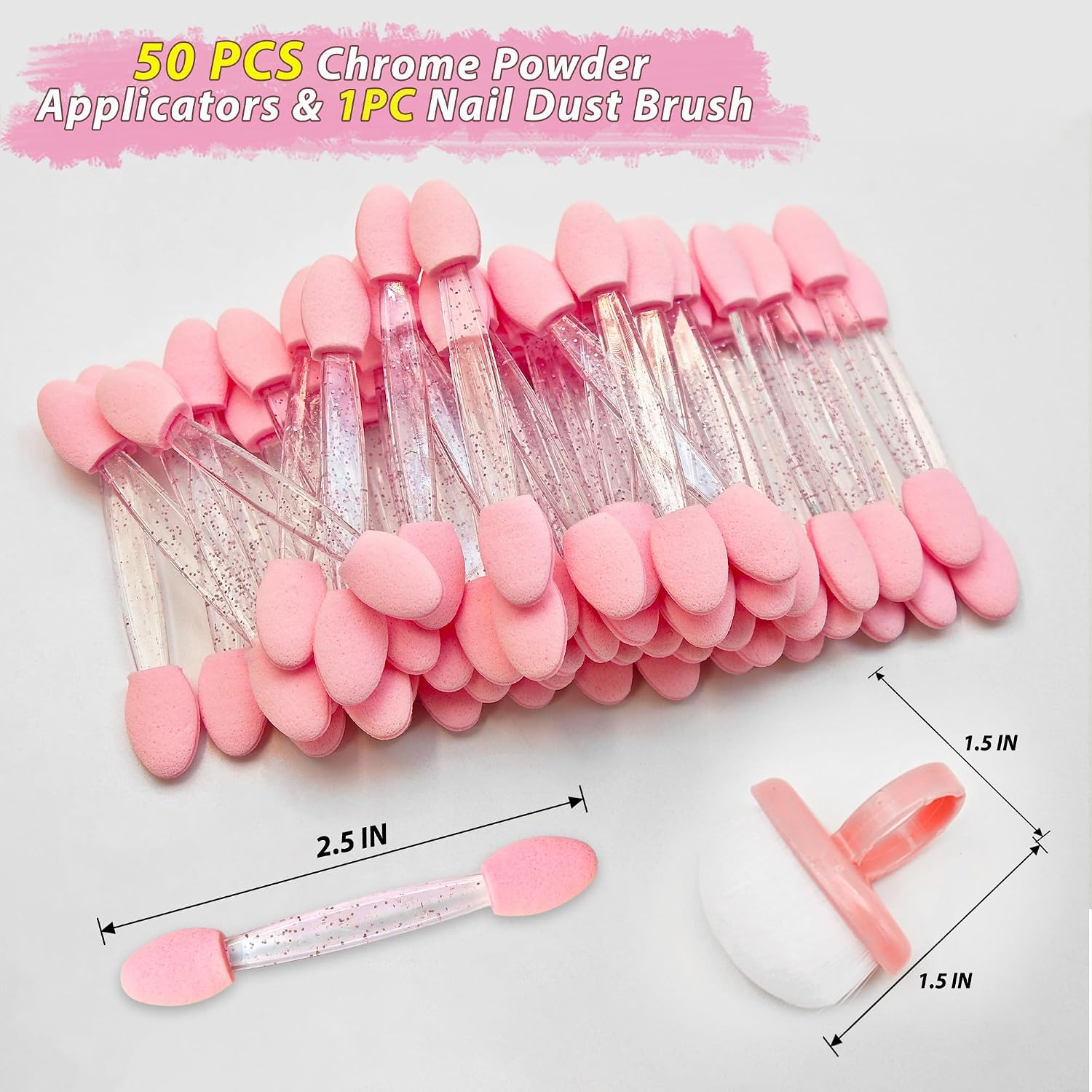 50PCS Chrome Nail Powder Applicator Set with Nail Dust Brush, Dual-Ended Eyeshadow Sponge Applicators for Chrome Powder, Metallic Mirror Effect, Nail Duster Brush for Manicure & Makeup
