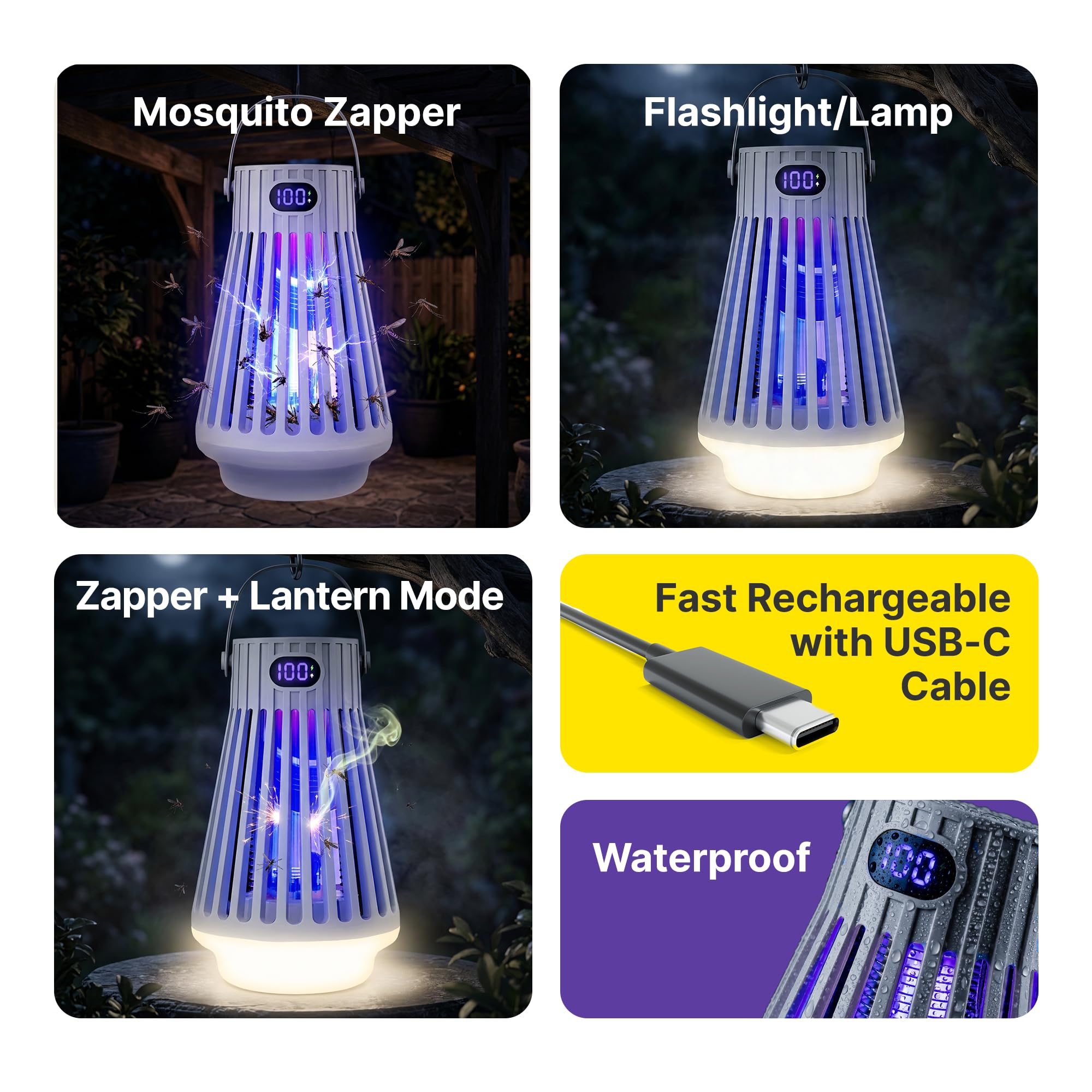 Zap Zone Defender Insektenvernichter für den Innen- und Außenbereich, wiederaufladbar | UV Licht USB-C Elektrische Insektenfalle Mückenschutz Outdoor Terrasse Camping Fallen 3 Modi IPX5 Wasserdicht