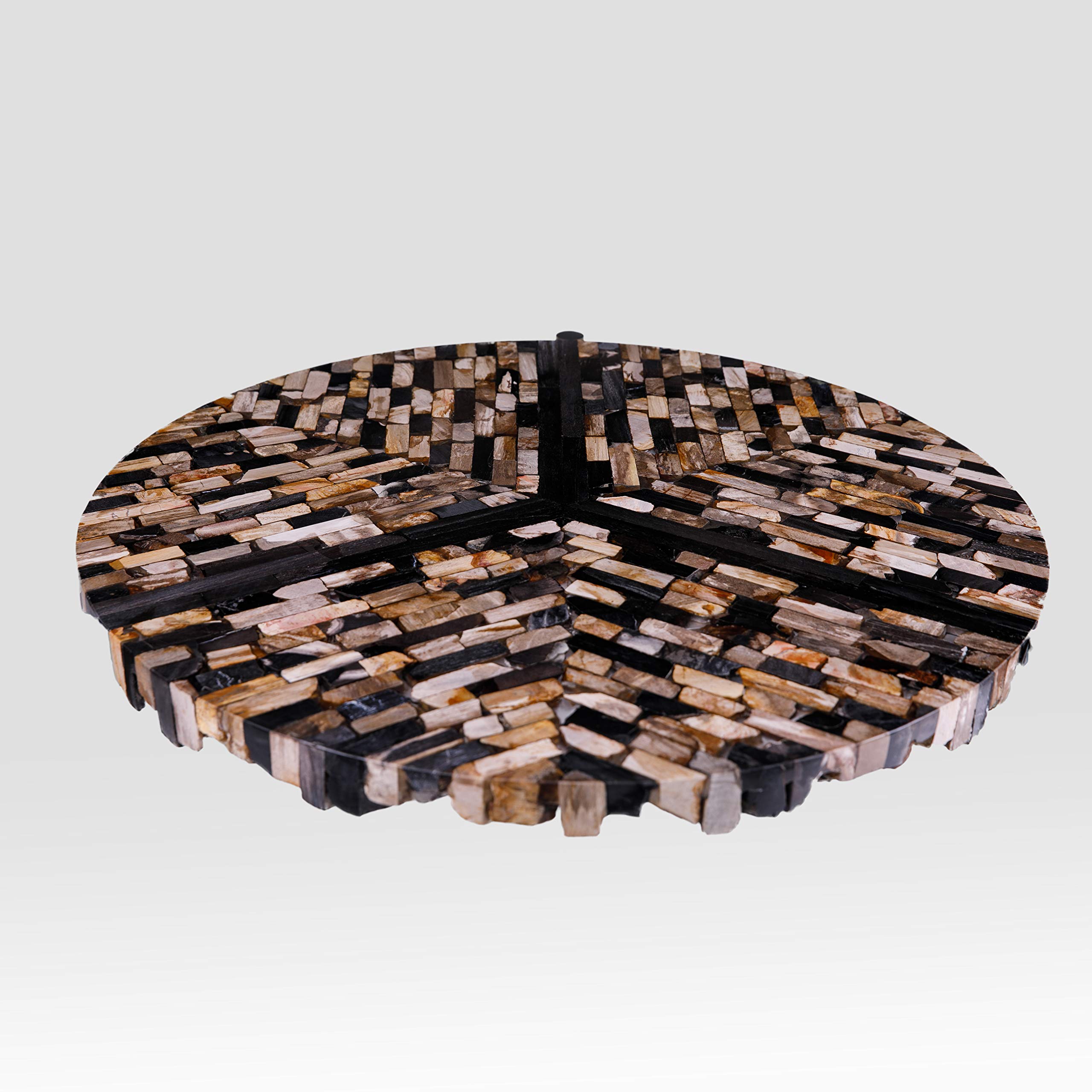 Rikmani Designer Couchtisch Stahl rund Tisch aus Stein Couchtisch - Couchtisch MOSAIK | Versteinertes Holz | Epoxidharz