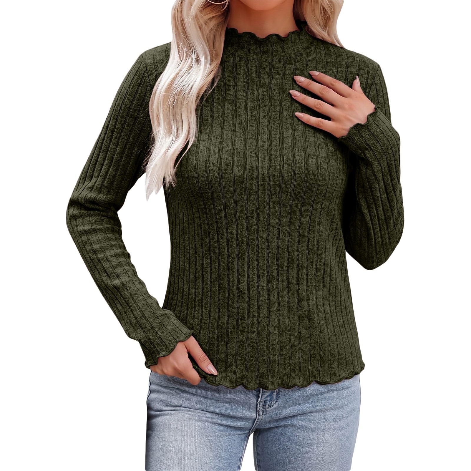 Top de Punto Acanalado para Mujer, Cuello Alto con Volantes, Manga Larga, c