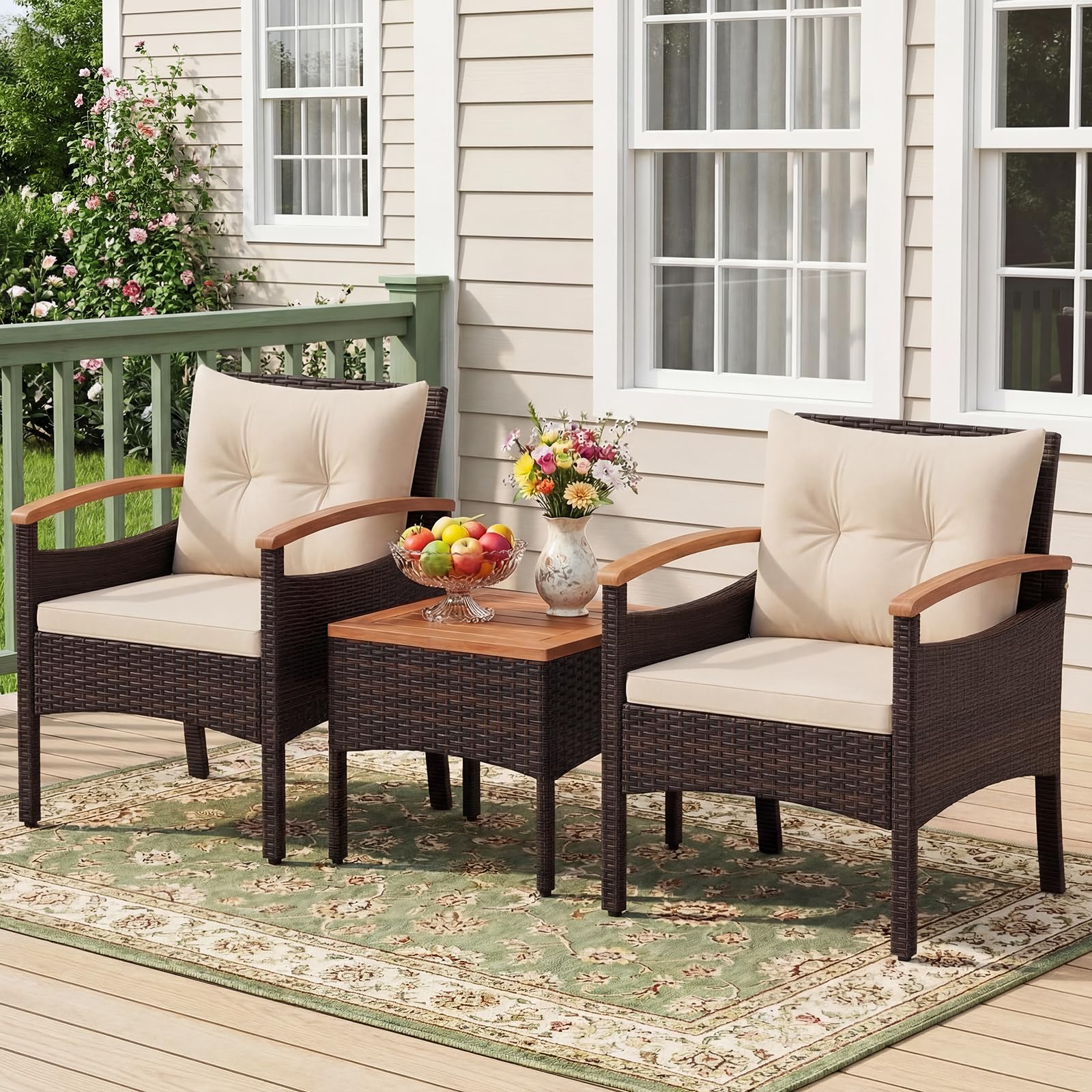SOARS Salón de Jardín 3 Piezas, 2 Sillones de Ratán PE, Mesa de centro con bandeja de madera de acacia, Cojines acolchados extraíbles, Almohada Lumbar, Muebles para Patio, Terraza (Marr+Beige)