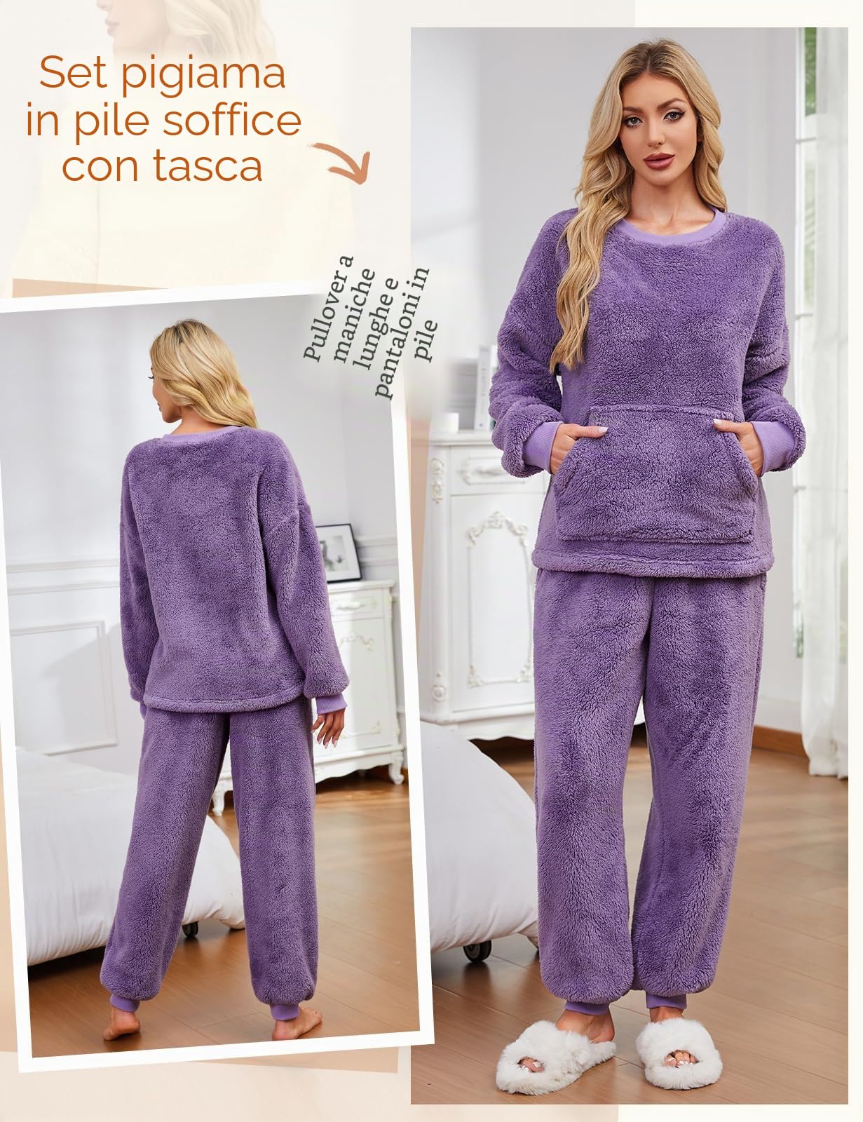 UMIPUBO Pigiama Donna Invernale Felpato Pigiami in Pile Caldo Set Due Pezzi Tuta Termico Invernali Completo da Casa Top a Maniche Lunghe e Pantaloni Lounge Morbido Sleepwear con Tasche