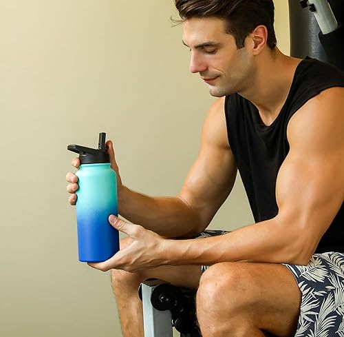 Miniatura 8 de Botella de agua de 32 onzas, botella de agua aislada de acero inoxidable con popote y tapa