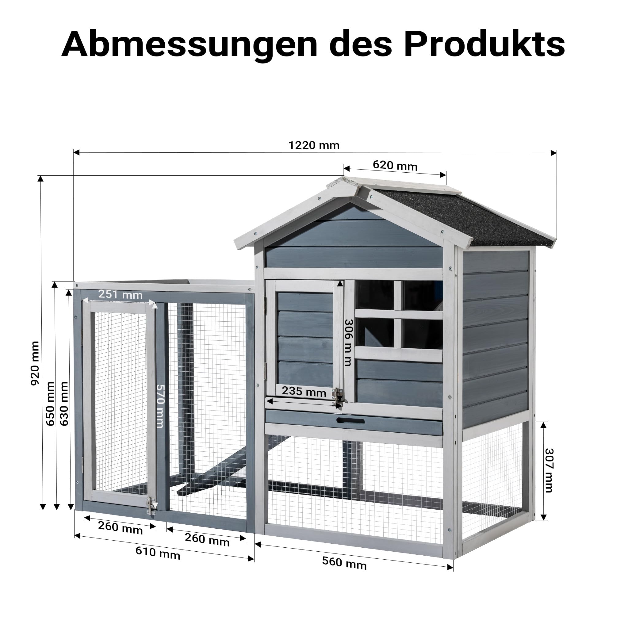 Wiltec Hasenstall grau-weiß 1220 x 630 x 920 mm mit Freilaufgehege und erhöhtem Unterschlupf aus Holz, Kaninchenkäfig mit 2 Etagen, Kleintierstall