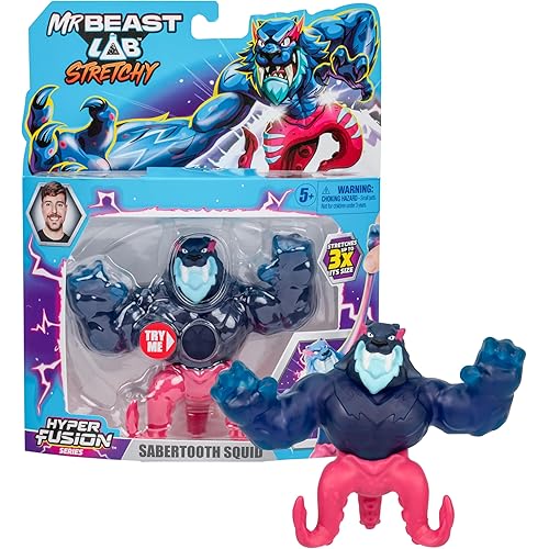 MrBeast Lab - Hyper Fusion Stretchy Hero, Sabertooth Squid, 5 Inch (12.7CM) Goo Filled Standing Figure, Stretch Up to 3 Times His Size, Collect All 3; Cobra Panther, Tiger Dragon and Sabertooth Squid