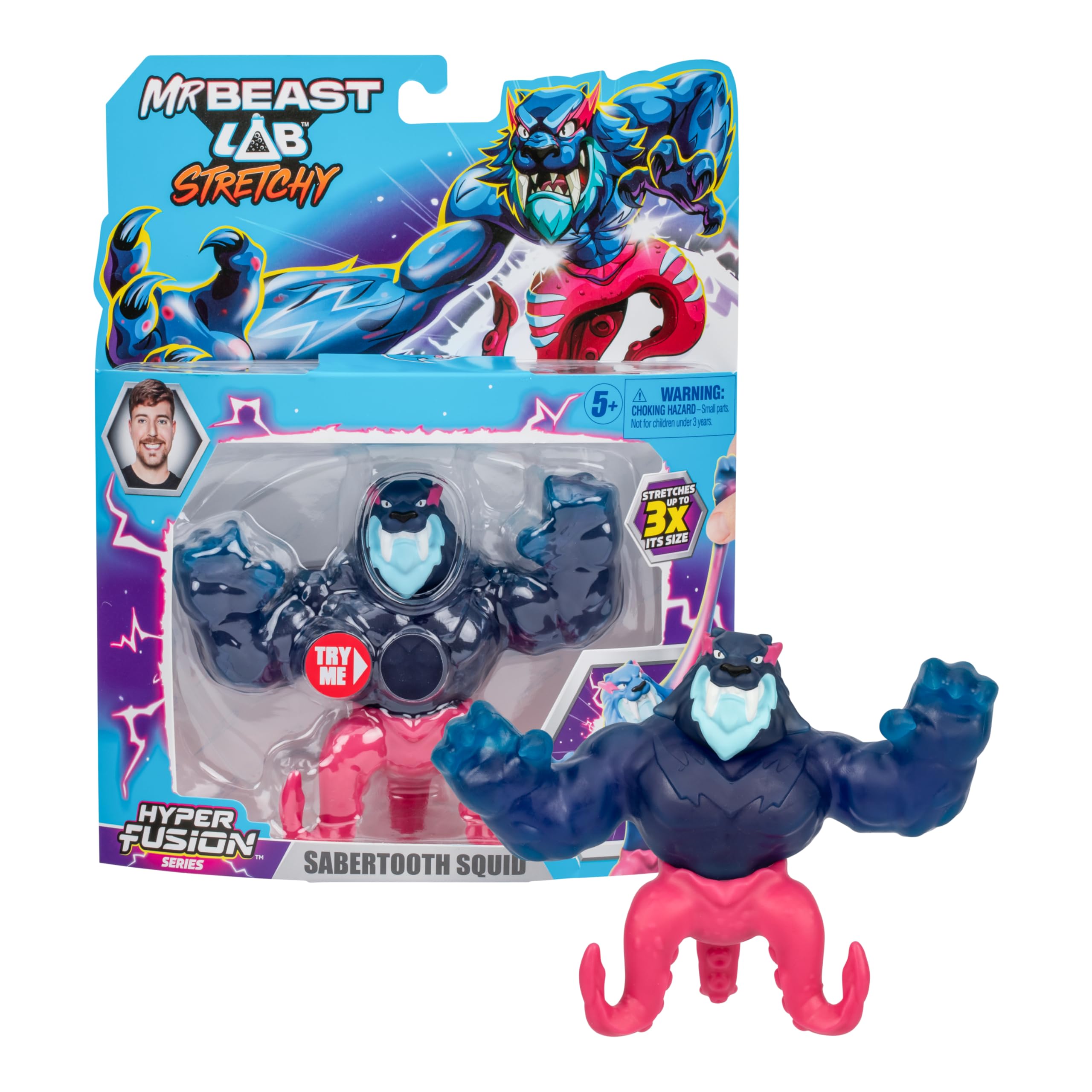 MrBeast Lab - Hyper Fusion Stretchy Hero, Sabertooth Squid, 5 Inch (12.7CM) Goo Filled Standing Figure, Stretch Up to 3 Times His Size, Collect All 3;