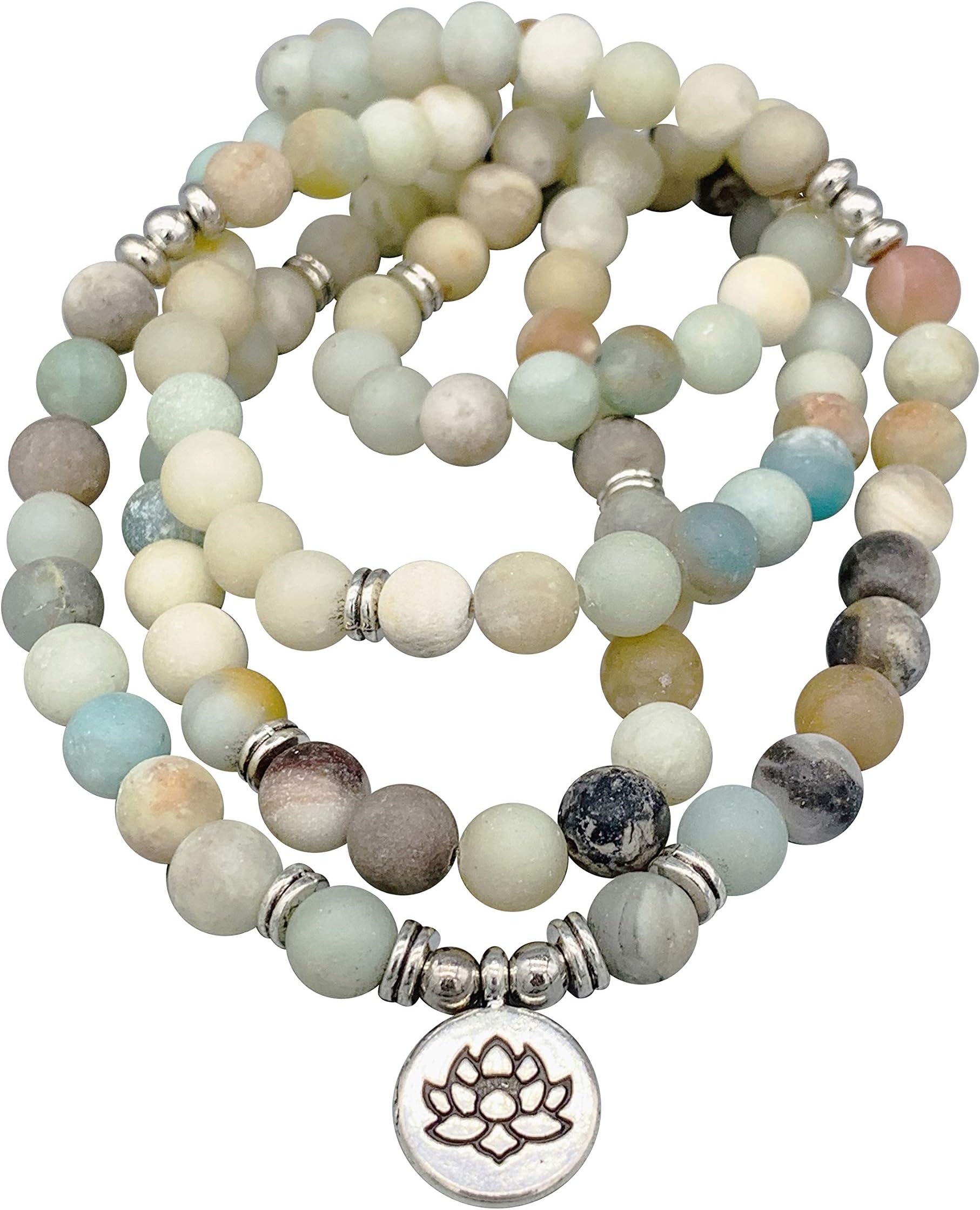 Natural Stone Amazonite 108 Prayer Mala Beads with Lotus Flower Charm