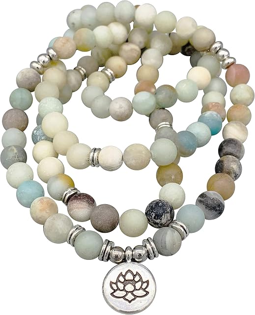 Reclaiming Zen Natural Stone Amazonite 108 Prayer Mala Beads with Lotus Flower Charm
