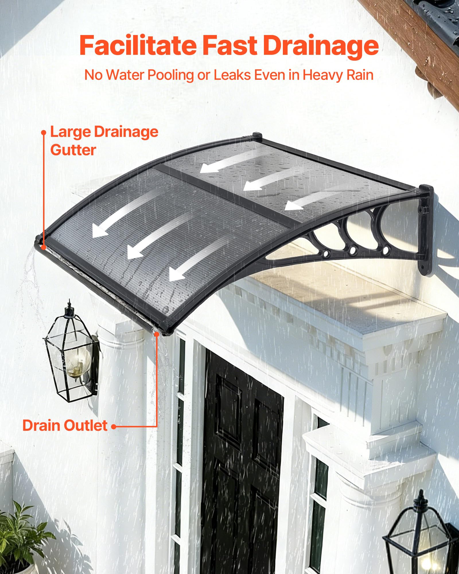 VEVOR Toldo para Puertas y Ventanas con Drenaje 100x75,5 cm, Tejadillo de Protección para Entrada con Soporte de ABS, Protección contra Lluvia, Nieve, Sol, Toldo de Policarbonato para Porche, Gris