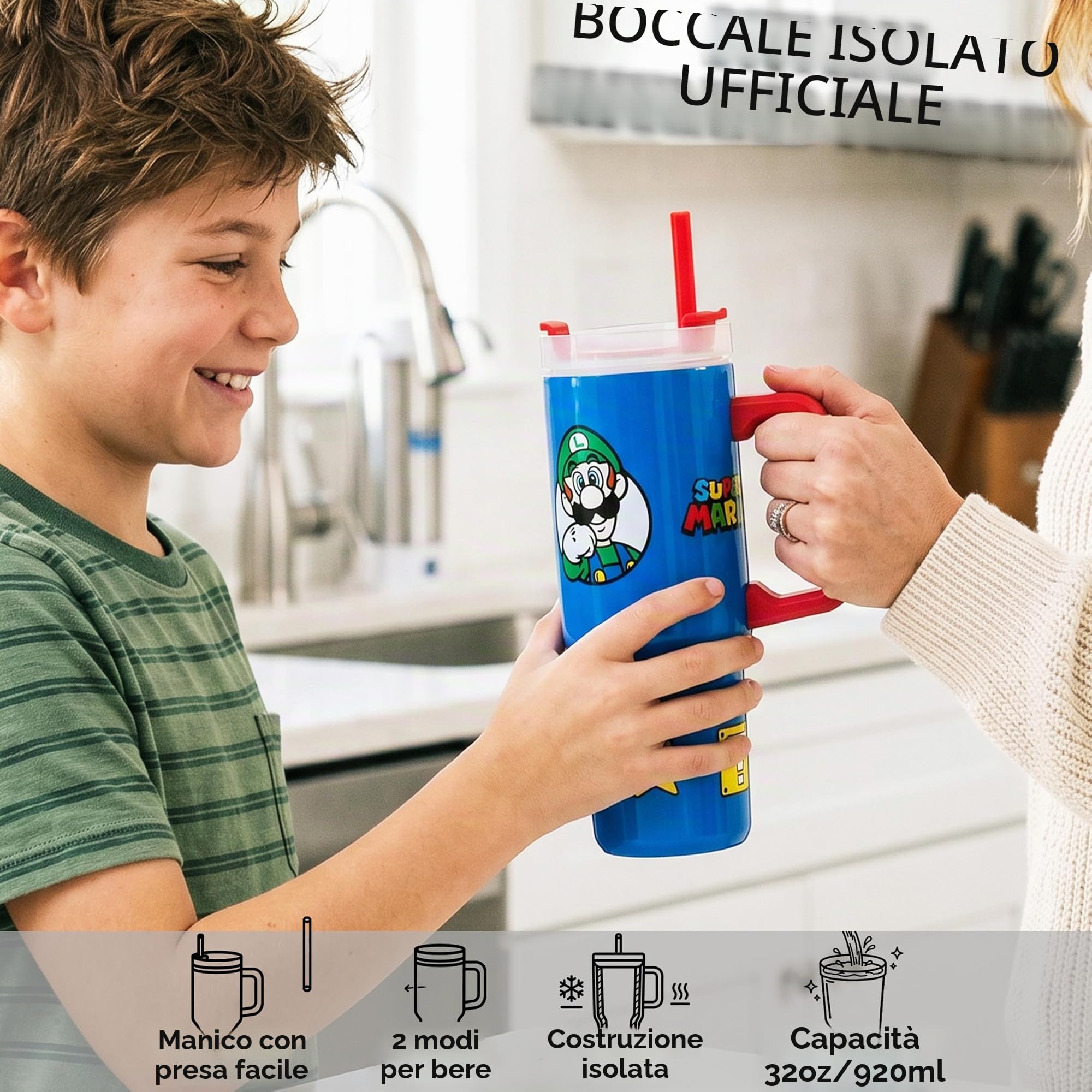 Get Trend Super Mario Tazza Termica con Manico e Cannuccia 920ml, Borraccia Termica Acciaio Inox a Doppia Parete Senza BPA, 42H Ghiaccio, 12H Freddo e 8H Caldo, Coperchio (Blu Super Mario)