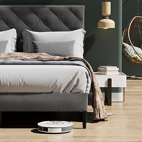 Miniatura 4 de JUMMICO Base de cama tamaño Queen con cabecera de tela y soporte de listones de madera base de colchón no necesita somier fácil montaje