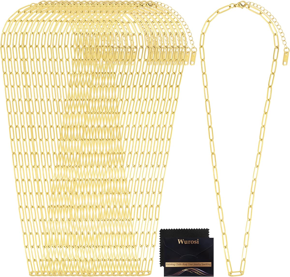 Wurosi 20Pcs 18K Plated 18Inch Gold Paperclip Charm Necklaces | 4mmx12mm Stainless Steel Adjustable Chain Blanks for DIY Personalized Jewelry, Daily Wear Necklaces, Fit Gift for Women