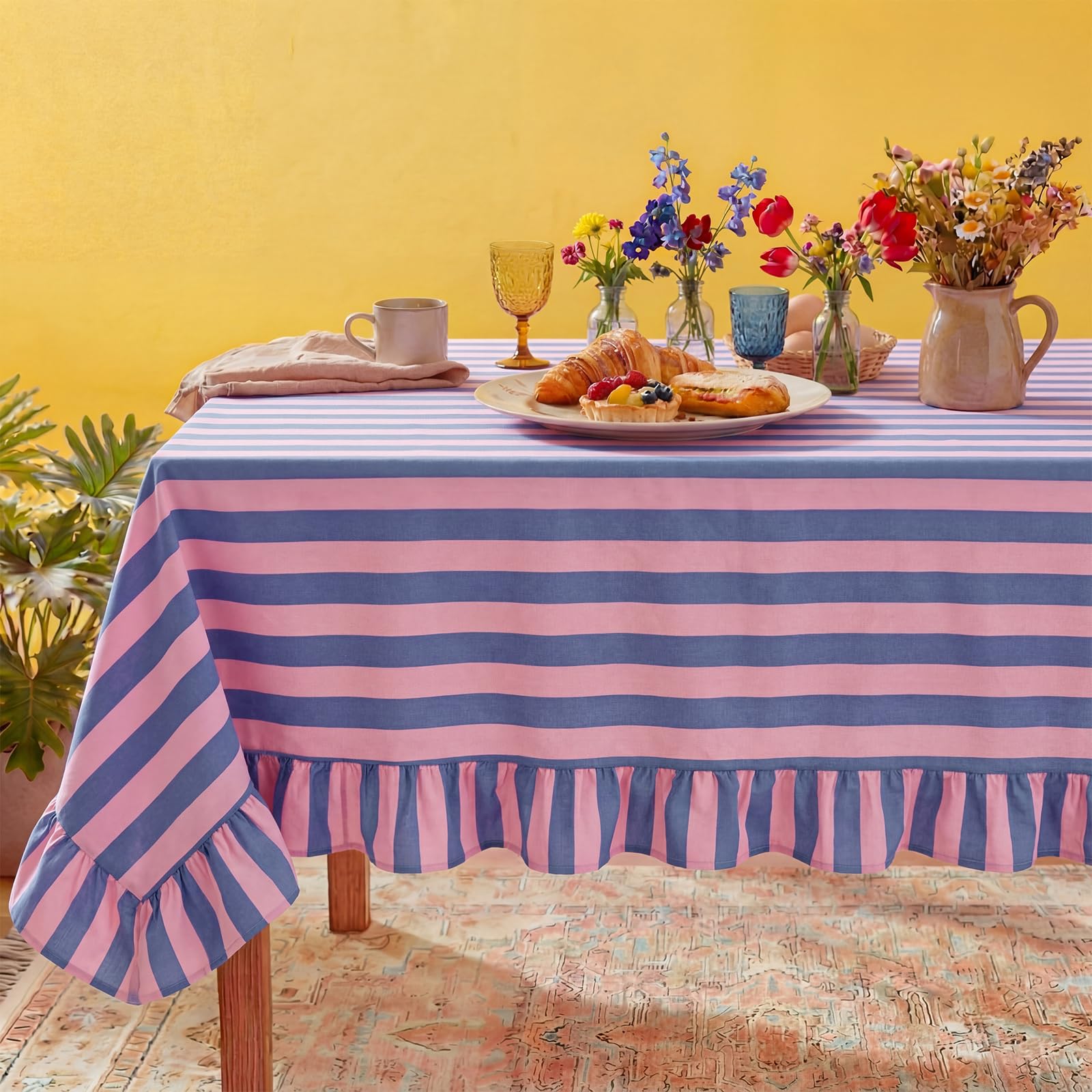 Photo 1 of Tudomro 1 Pcs Ruffle Edge Striped Tablecloth, 84'' x 60'' Scalloped Table Cover, Farmhouse Linen Fabric Cloth for Rectangle Table, Dining Room Bridal Shower Wedding Holiday Party(Peony, Slate Blue)