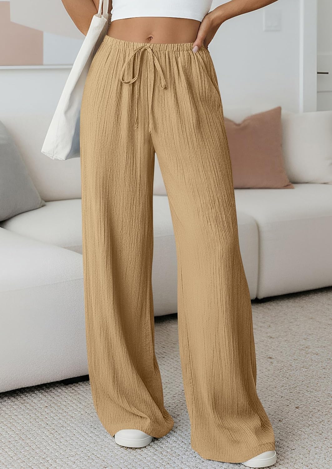 PRETTYGARDEN Womens Palazzo Pants Summer Fashion 2026 High Waisted Wide Leg Drawstring Flowy Beach Trousers with Pockets - Image 2