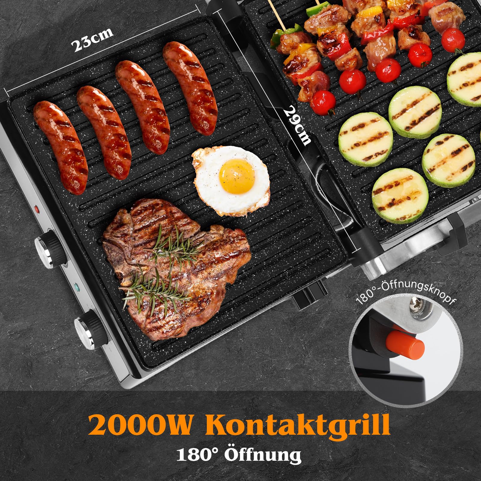 Aigostar Roast - Kontaktgrill 2000W | Einstellbarer Thermostat | 30 Minuten Timer | 29 * 23cm | 180° Öffnung | Fettauffangschale | Sandwichmaker für Sandwiche, Steak, Toaster