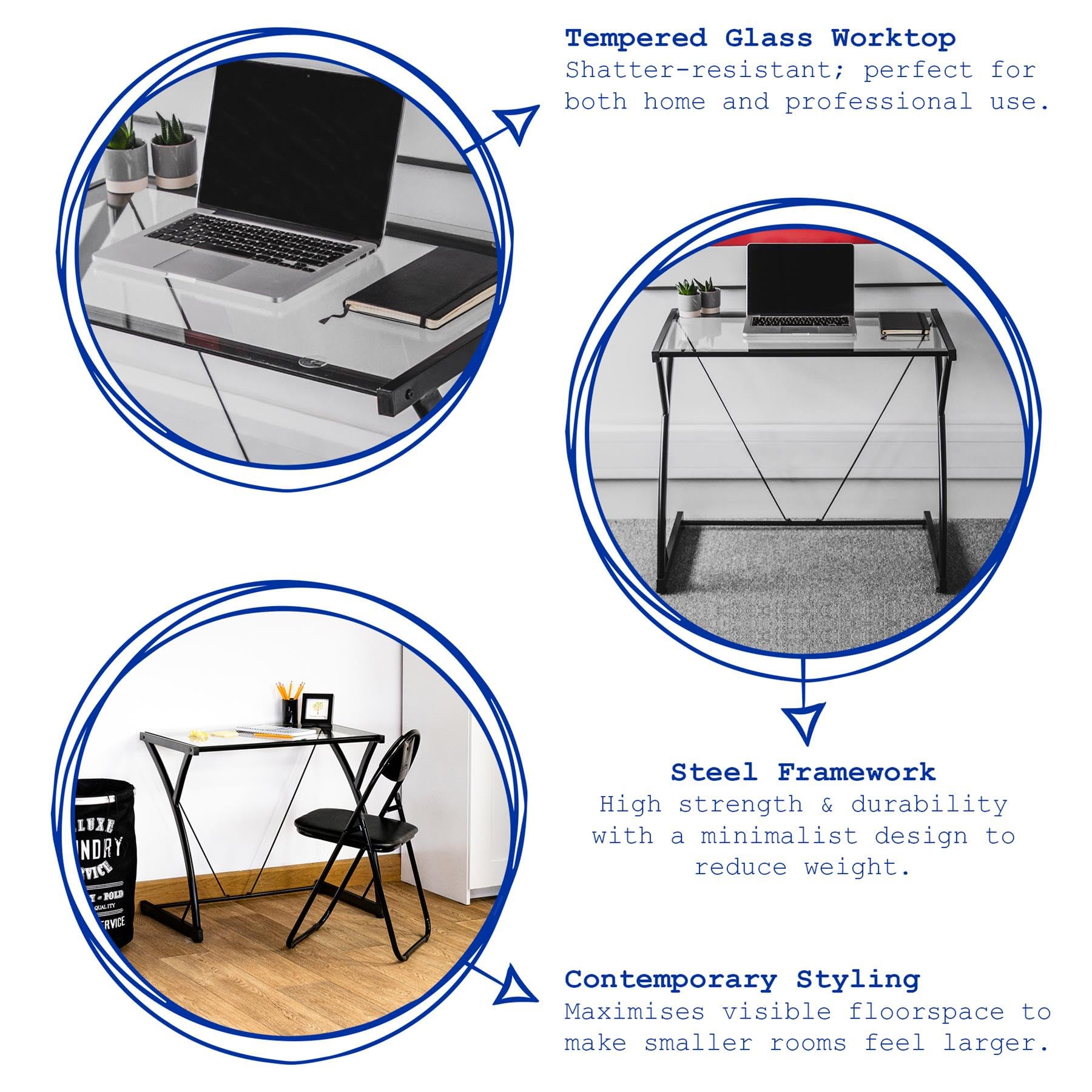 2pc Blanco/Blanco Juego de Escritorio y Silla con Tapa de Vidrio - 80cm x 50cm x 71cm Pequeño Oficina en Casa Dormitorio Juegos de Computadora Estudiar Mesa - Por Harbour Housewares