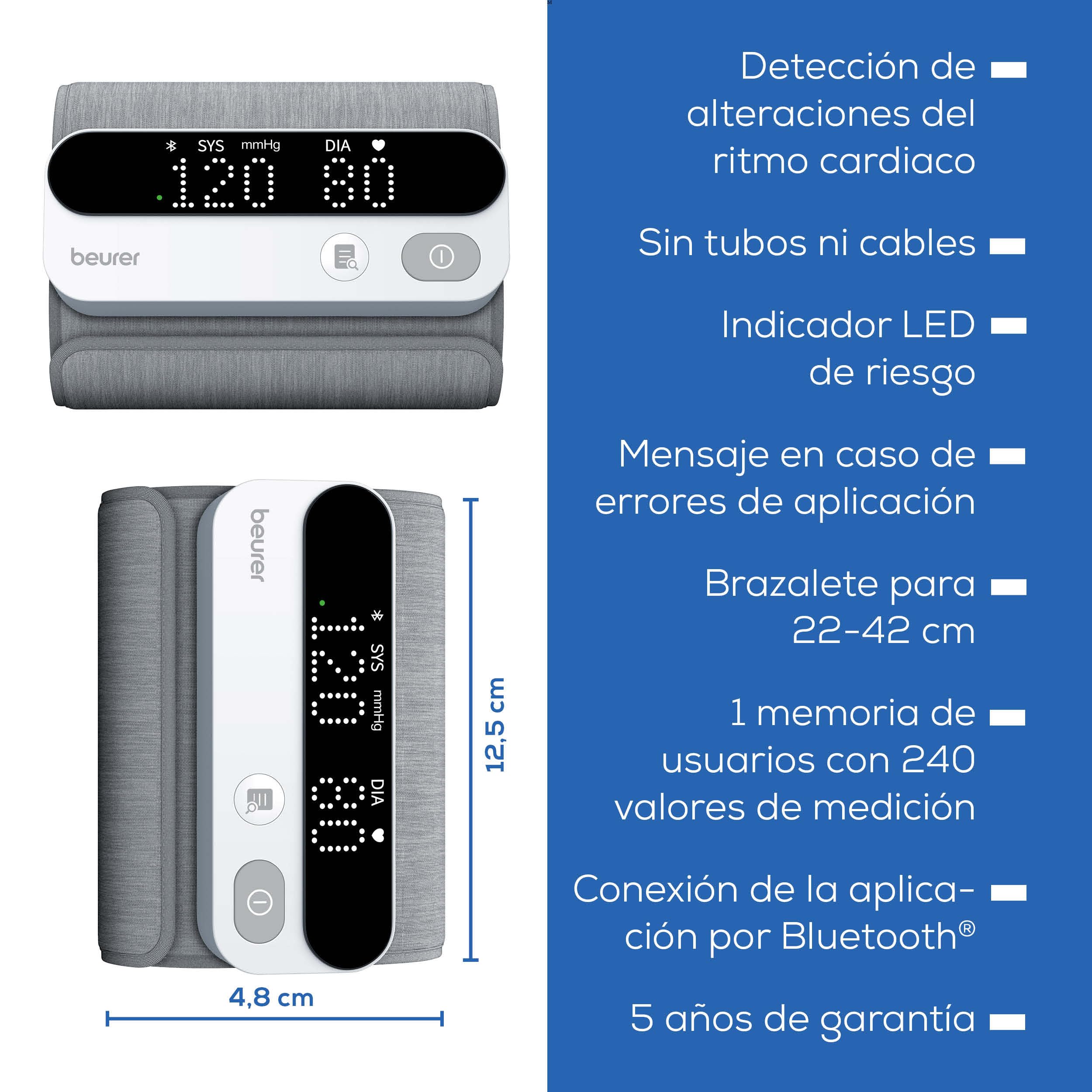 Beurer BM 59 Tensiómetro de Brazo, Brazalete Sin Tubos, Indicador de Riesgo LED, Detección de Arritmias, 22-42 cm, App, Apple Health