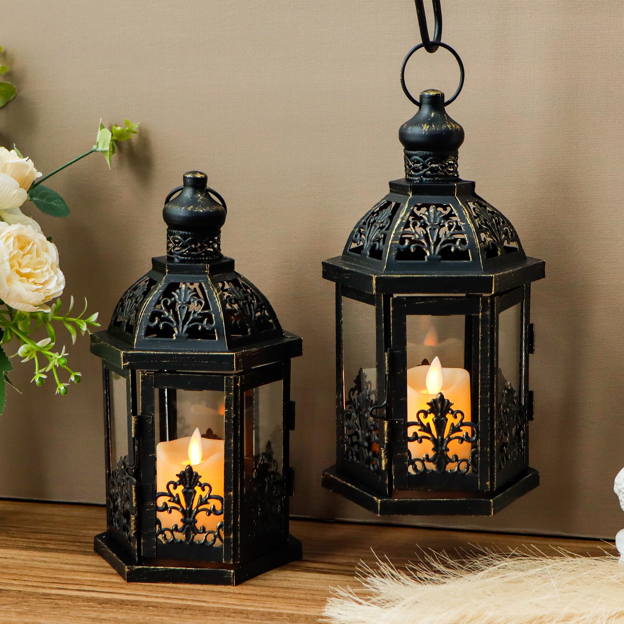 TRIROCKS Set of 2 Vintage Decorative Lanterns 24 cm H Hanging Lantern Metal Candle Holder with Tempered Glass for Indoor Outdoor Home Decor Parties Garden Patio FarmhouseTabletop Events Wedding(Black)