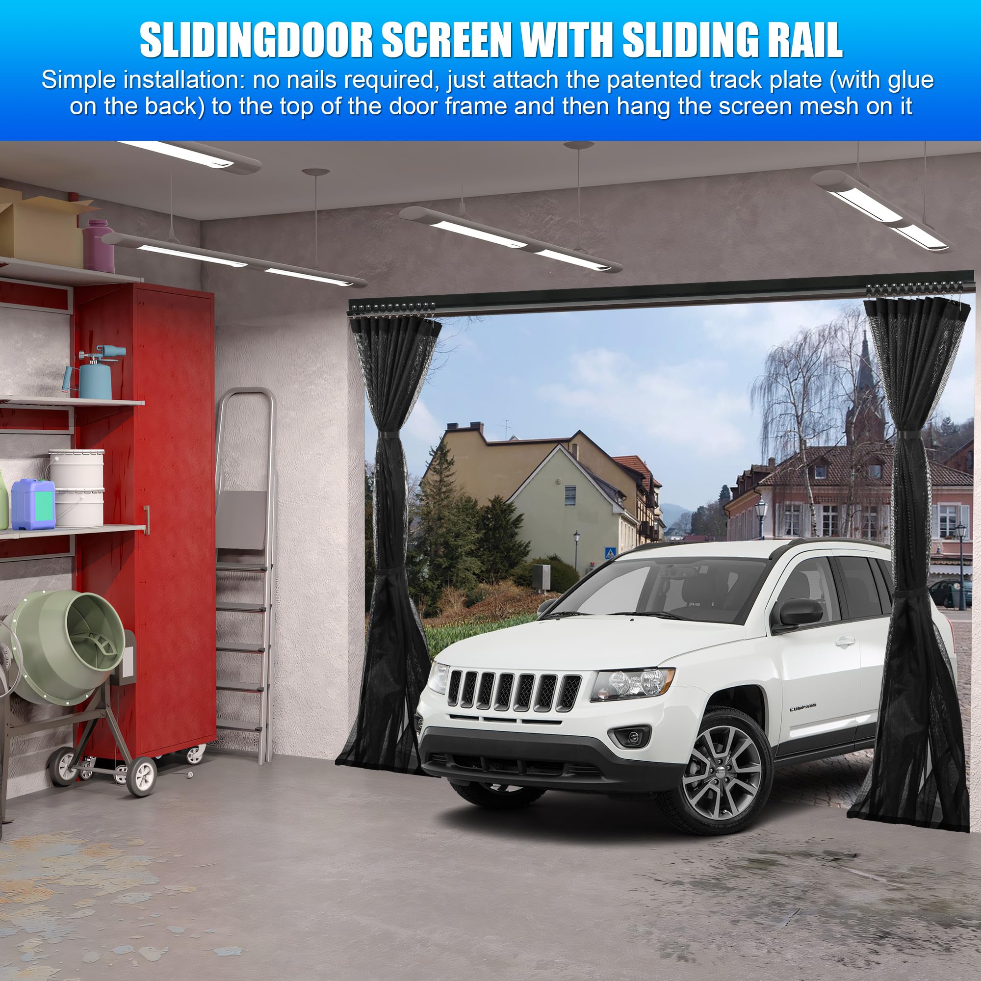 Sliding Garage Door Screen 16x7FT for 2 Car Garage Doors, 2026 New Upgraded Magnetic with Track Closure, Heavy Duty Mesh and Weighted Bottom, Retractable (Black, 16 * 7FT) - 5