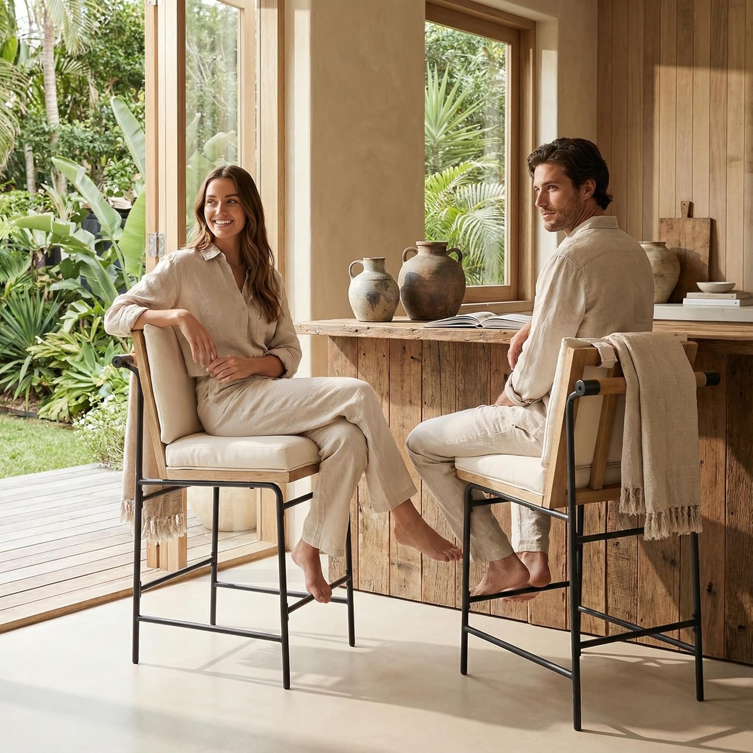 LukeAlon PU Leather Counter Stools Set of 2, Modern Upholstered 26" Seat Height Bar Stools with Rear Handle Armless Kitchen Island Stools with Padded Mid Back Metal Legs for Home Bar Restaurant, Beige