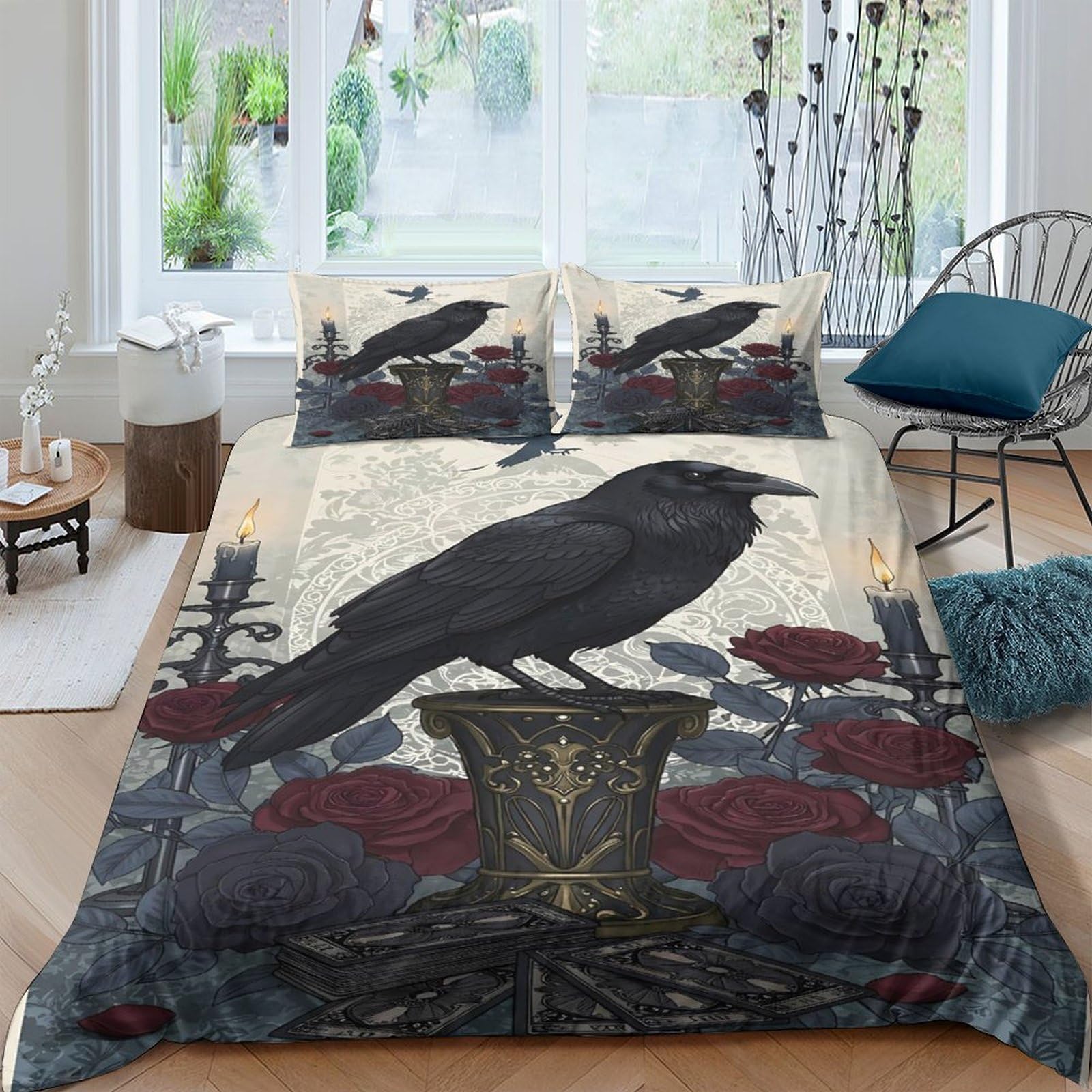 Ctjqhvkz Style-4 3D Printed Gothic Raven Fitted Sheet Microfiber Black Red Floral Mattress Cover For Bedroom Dorm Apartment Decor Single（135X200cm）