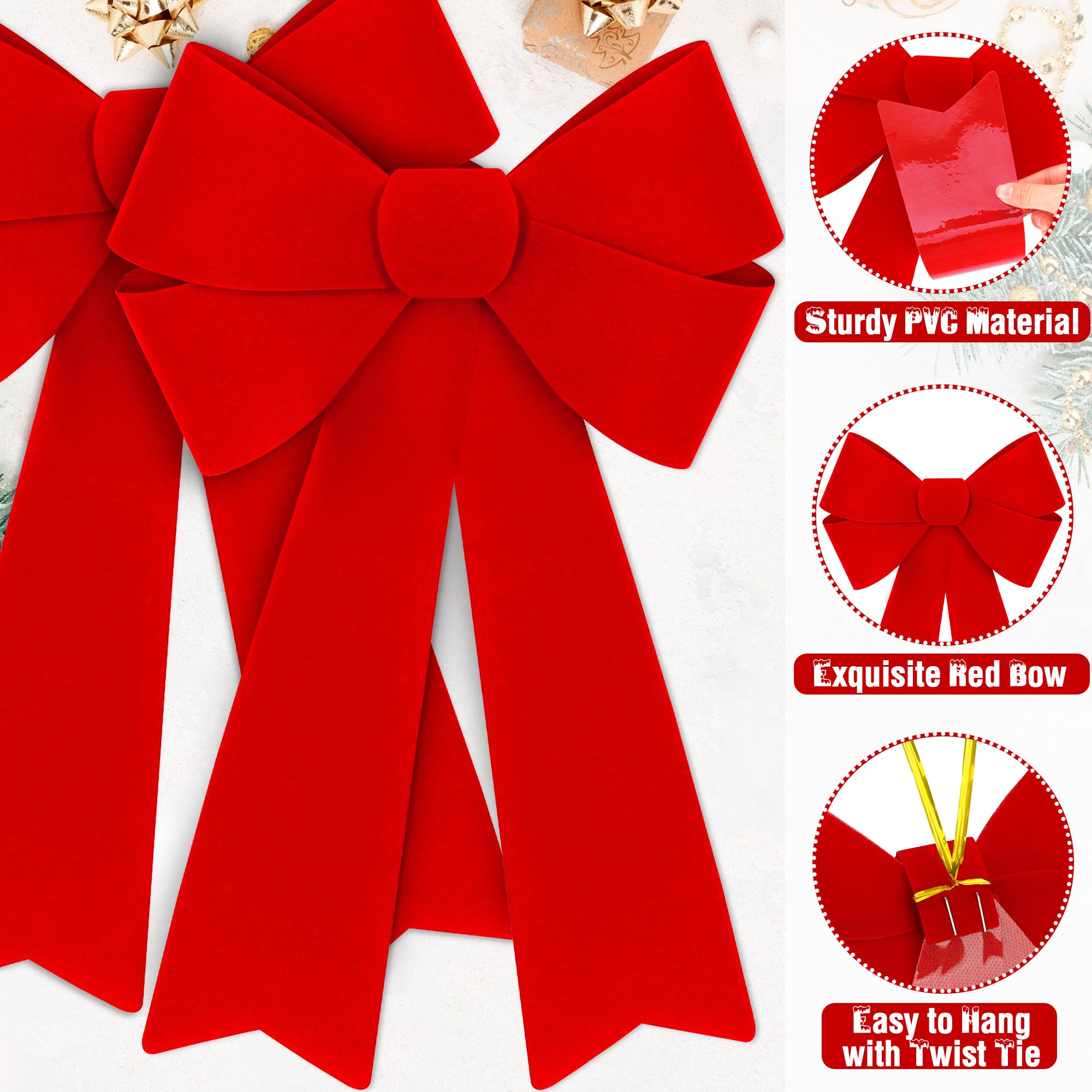8 piezas de decoraciones de Navidad, lazos rojos de Navidad de 12 x 18 pulgadas, lazos de Navidad grandes de PVC de terciopelo rojo para colgar en exteriores, interiores, decoración de fiesta para