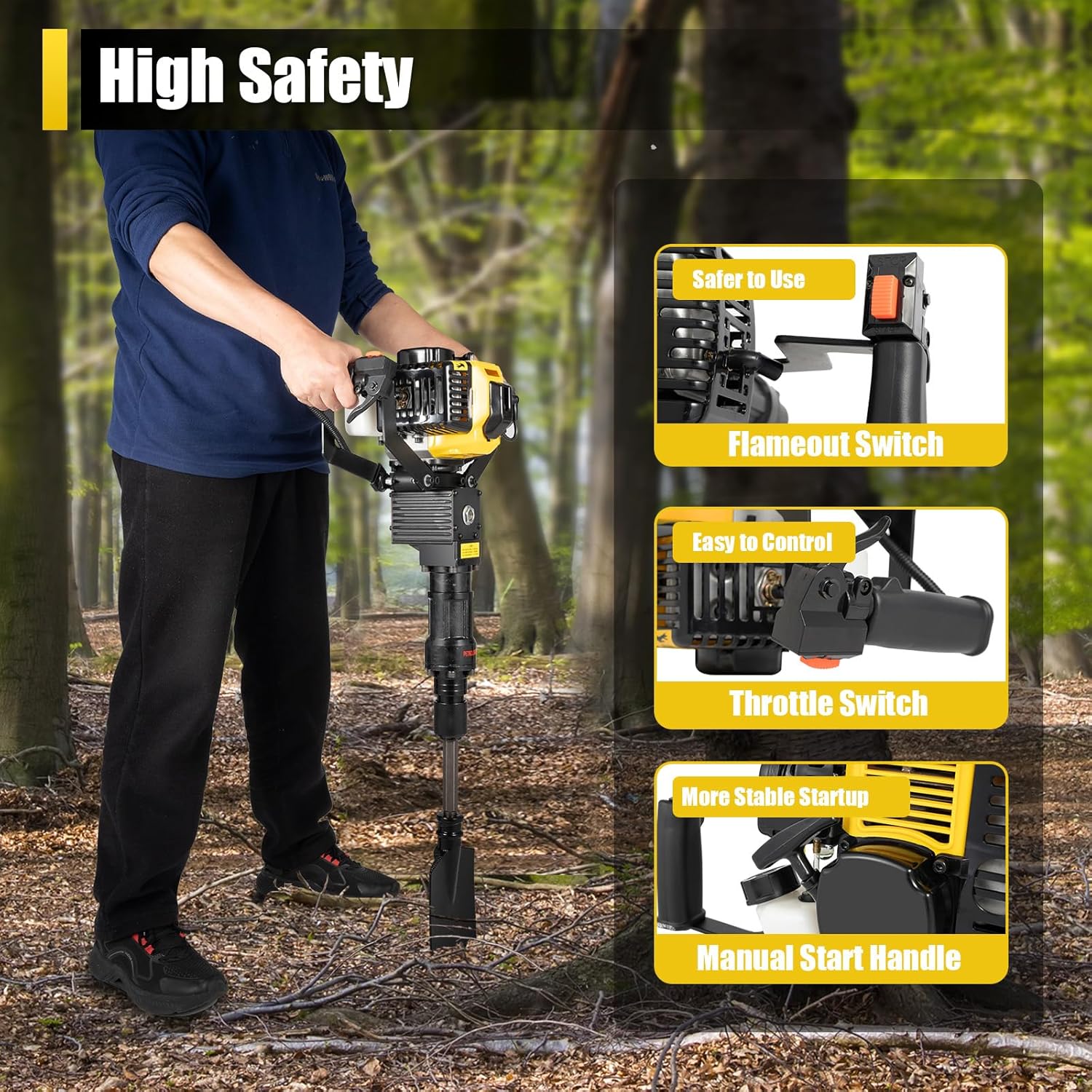 Tree Digger Tree Digging Machine Garden Tree Digger Post Hole Digger 52Cc 2Stroke 6500R/Min Handheld Tree Digger Gas Powered Excavator Single Cylinder Digging Tool for Garden Farm (Yellow)