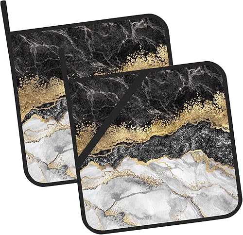 Juego de 2 soportes para ollas de mármol blanco y negro, dorado, resistentes al calor, para microondas, horno, horno, platos y barbacoa