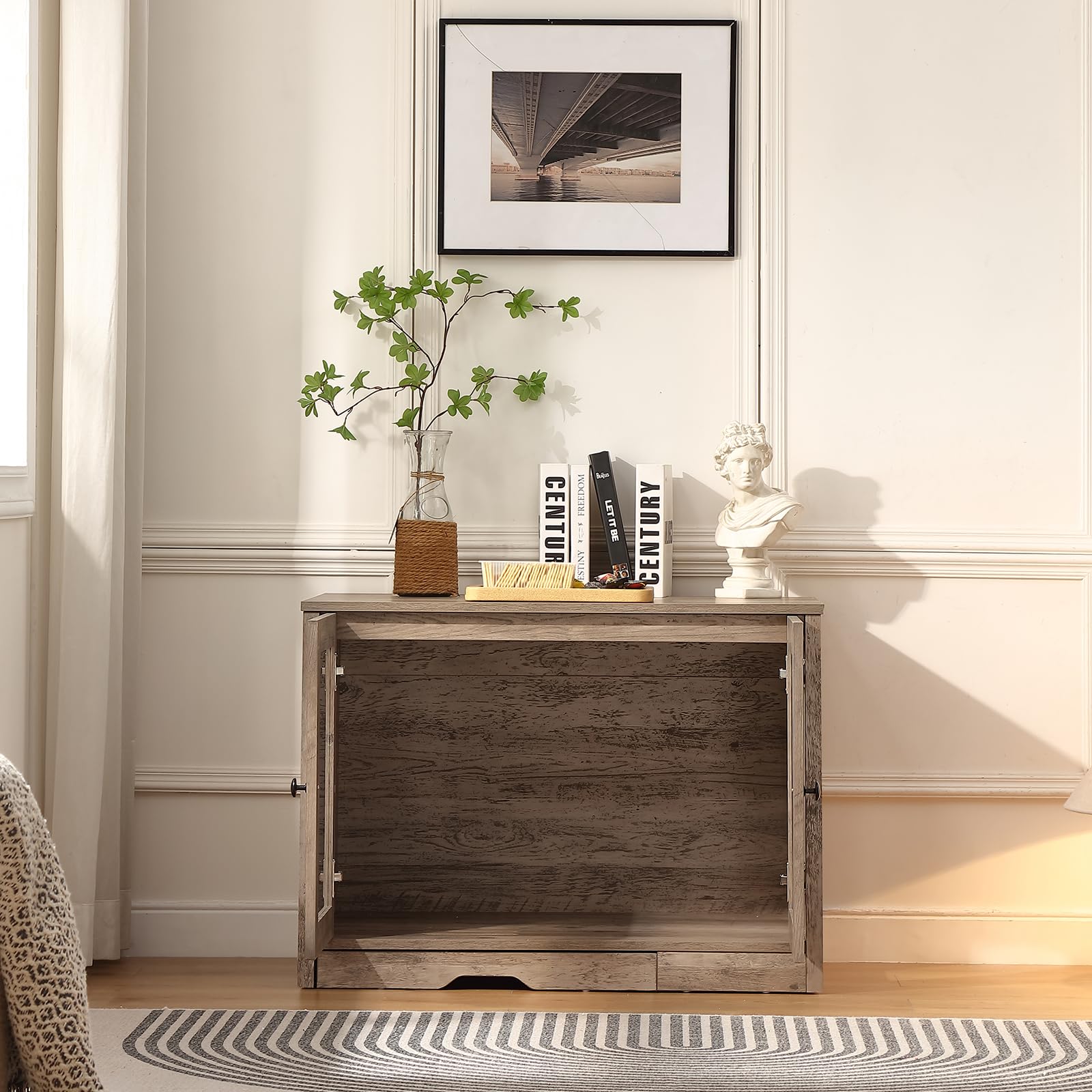 FOREST GRAVITY Cat Cabinet Litter Box Small Armadietto per gatti Lettiera Piccoli mobili per Lettiera Moderna 82 * 58.5 * 53 cm Casa per gatti con porta e divisorio separato Bianco Grigio
