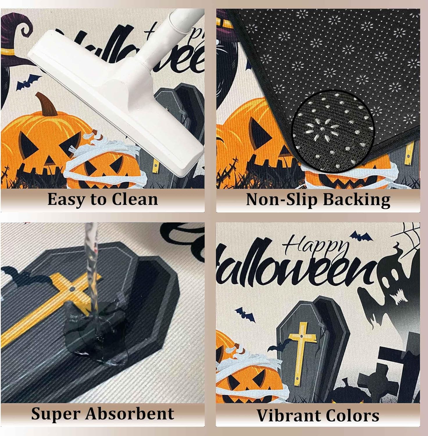 Halloween Kitchen Rugs and Mats for Floor, 2 Pcs Non-Slip Backing Pumpkin Mat, Halloween Decor Holiday Kitchen Rug Sets with Runner (17"x47.2"+17"x30")