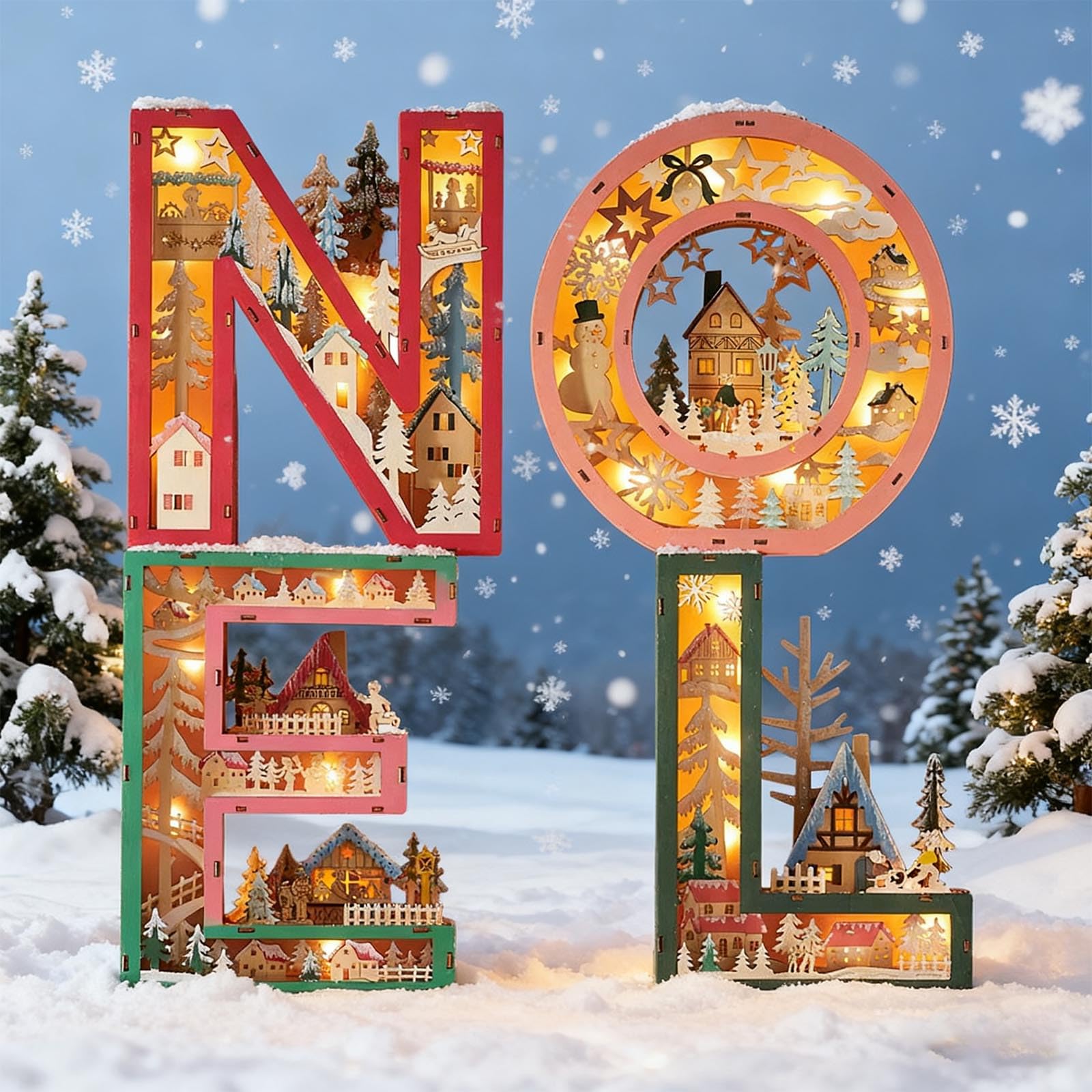 Decoración navideña de Madera Brillante con luz LED Lámpara de Escritorio de Madera con Letras Huecas para repisas Estante Exhibición de Entrada Decoración del árbol de Navidad