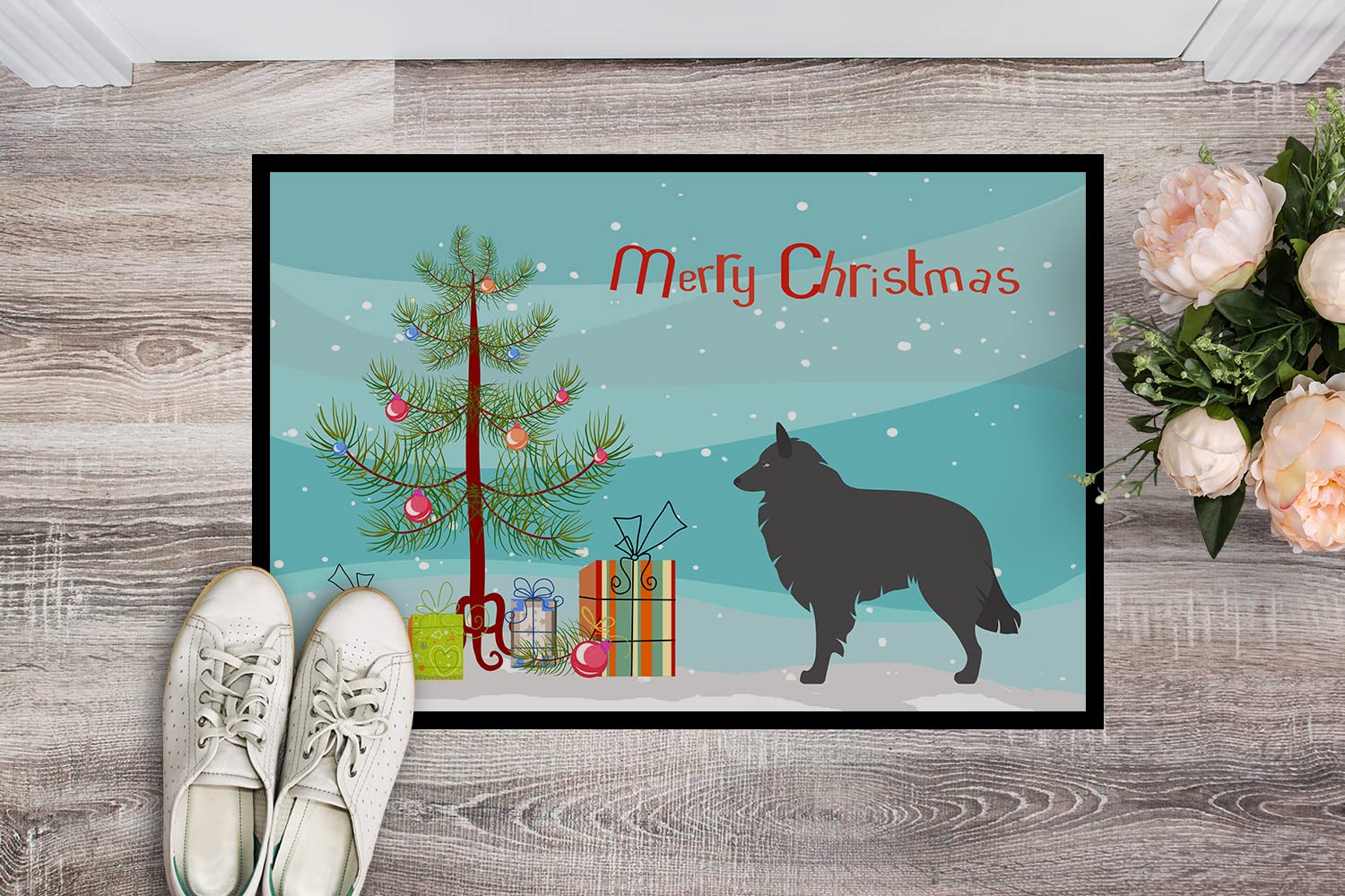 Caroline's Treasures BB8463JMAT Groenendael Belgian Shepherd Christmas Doormat 24x36 Front Door Mat Indoor Outdoor Rugs for Entryway, Non Slip Washable Low Pile, 24H X 36W