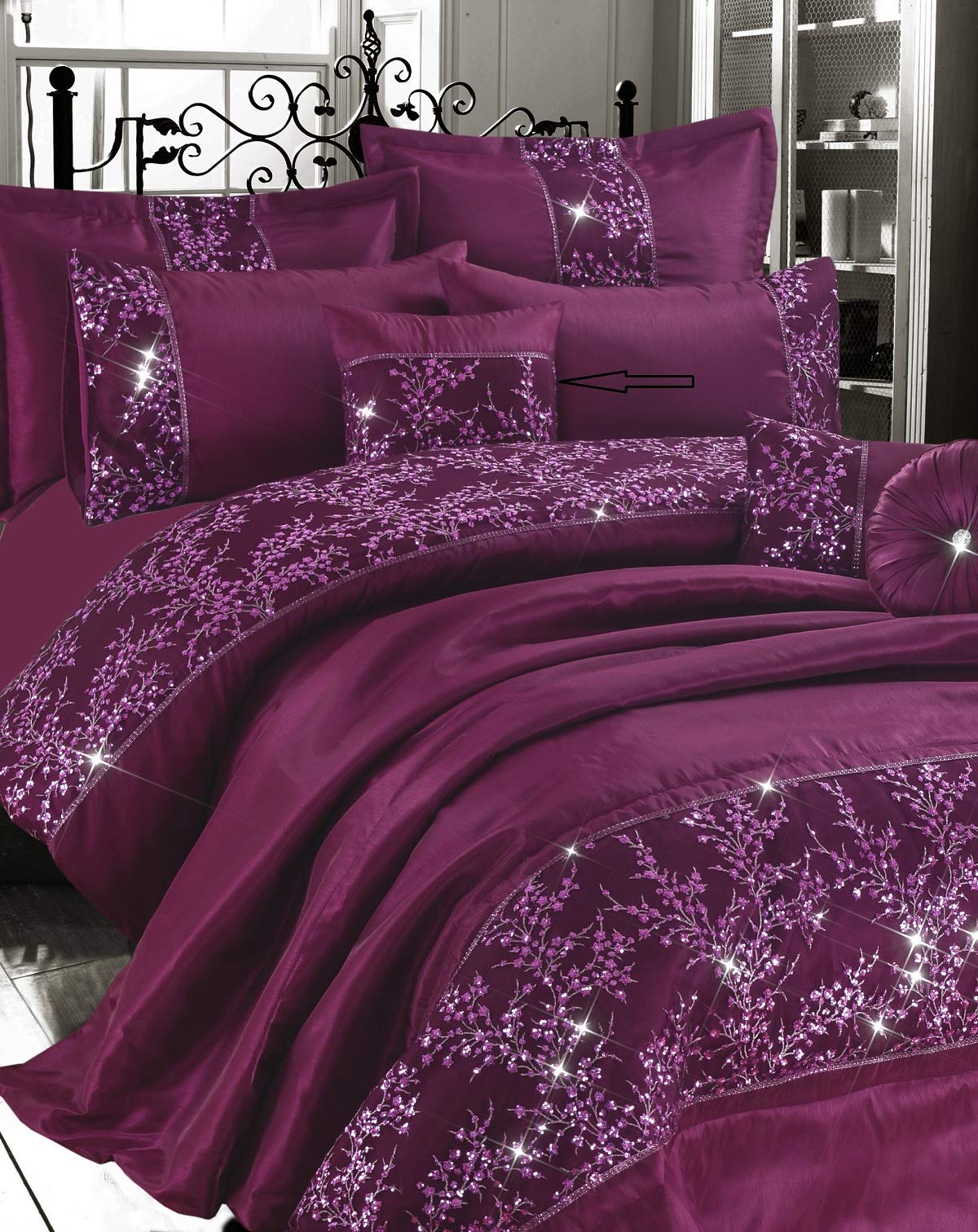 Voice7 Sparkle Embroidered Bedding Collections Polyester (Square Cushion Cover 43 cm x 43 cm, Gigi - Plum/Wine)