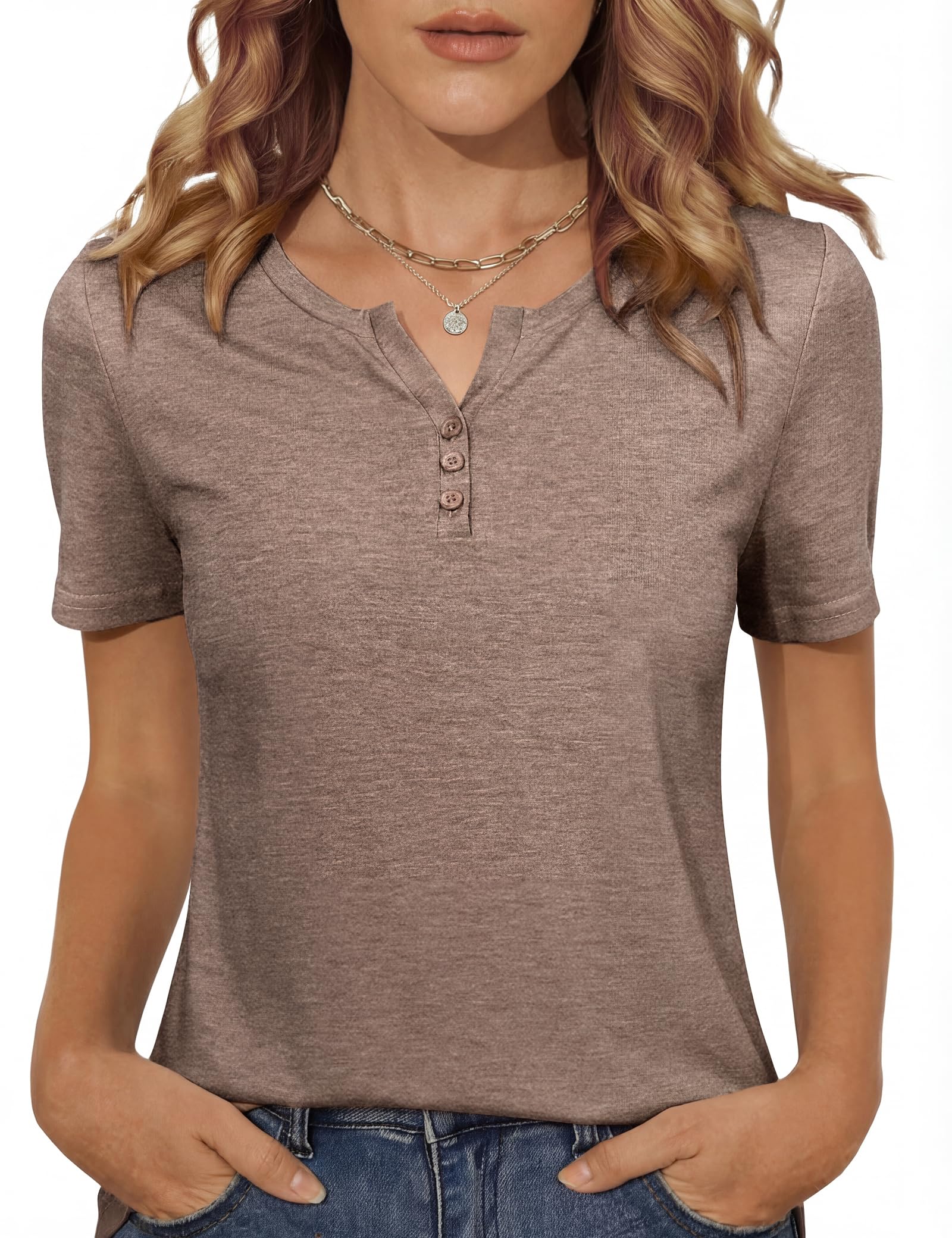 Totatuit Damen T-Shirt Kurzarm Sommer Henley mit Knopfleiste Basic Shirt V-Ausschnitt Einfarbig Oberteil Casual