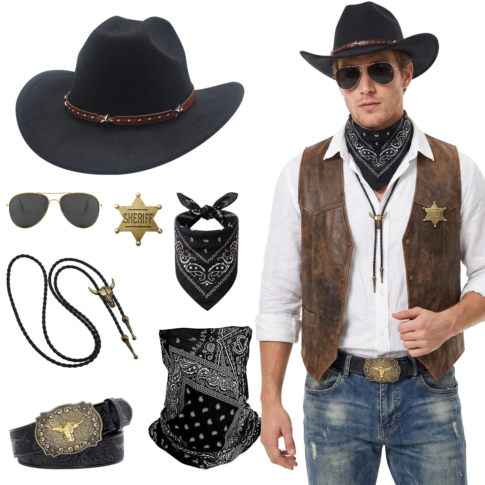 Crittygo 7Pcs Western Cowboy Accessories, Men Cowboy Outfit Kit with Hat Bandana Glasses Necklace Belt Sheriff Badge, Cowboys Fancy Dress for Western Theme Party Halloween