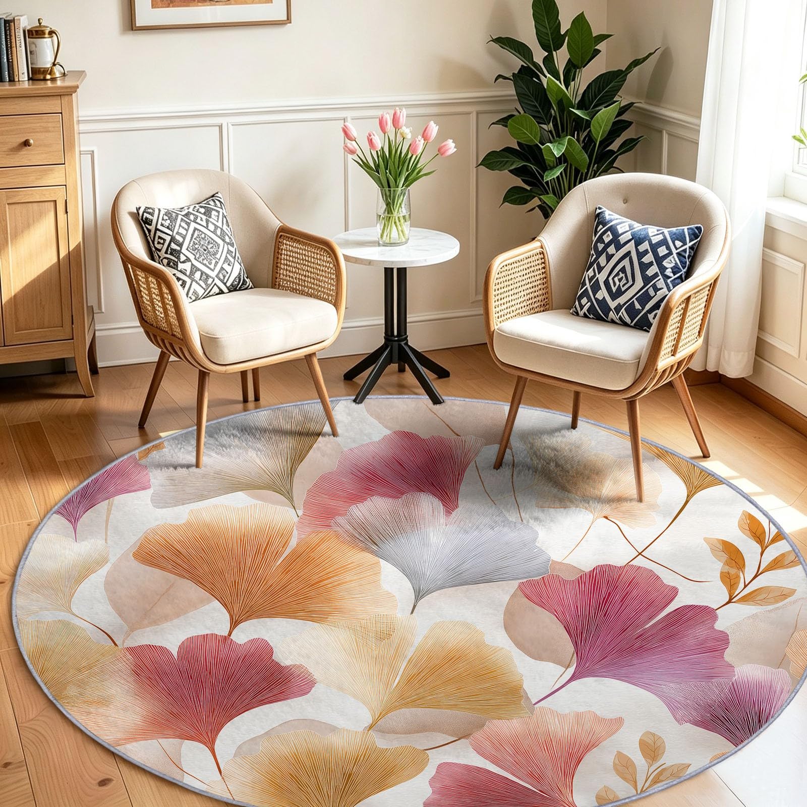 Tappeto rotondo per soggiorno, 60 cm, motivo botanico con foglie di ginkgo disegnate a mano, lavabile, per camera da letto, antiscivolo, non perde pelo, per camera dei bambini, cucina, ufficio, sala