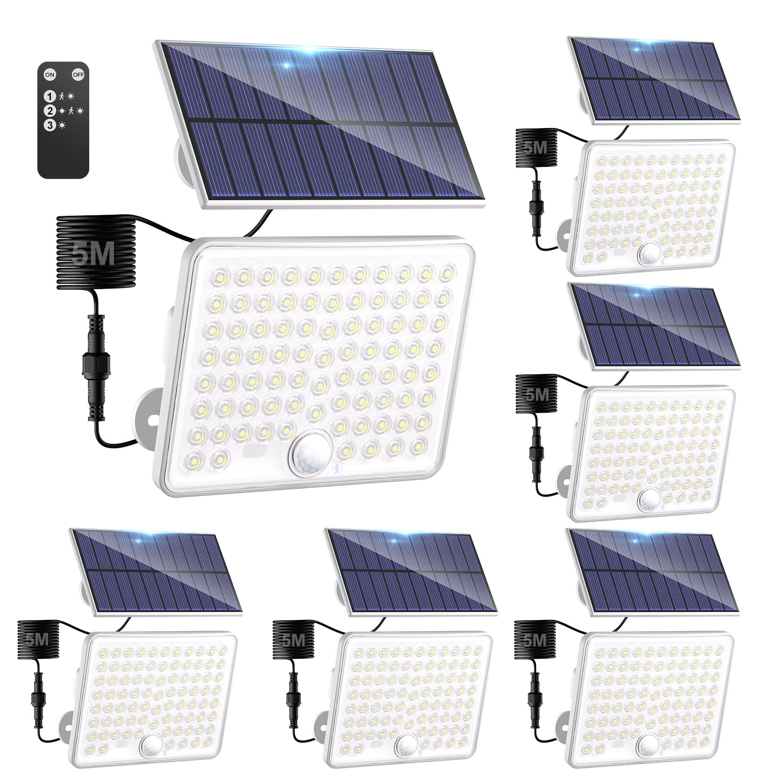 kolpop 4 confezioni di faretti a LED per esterni, solari, con sensore di movimento, con telecomando, IP65, impermeabile, luce solare, 3 modalità, luce solare esterna, potente per giardino, cortile